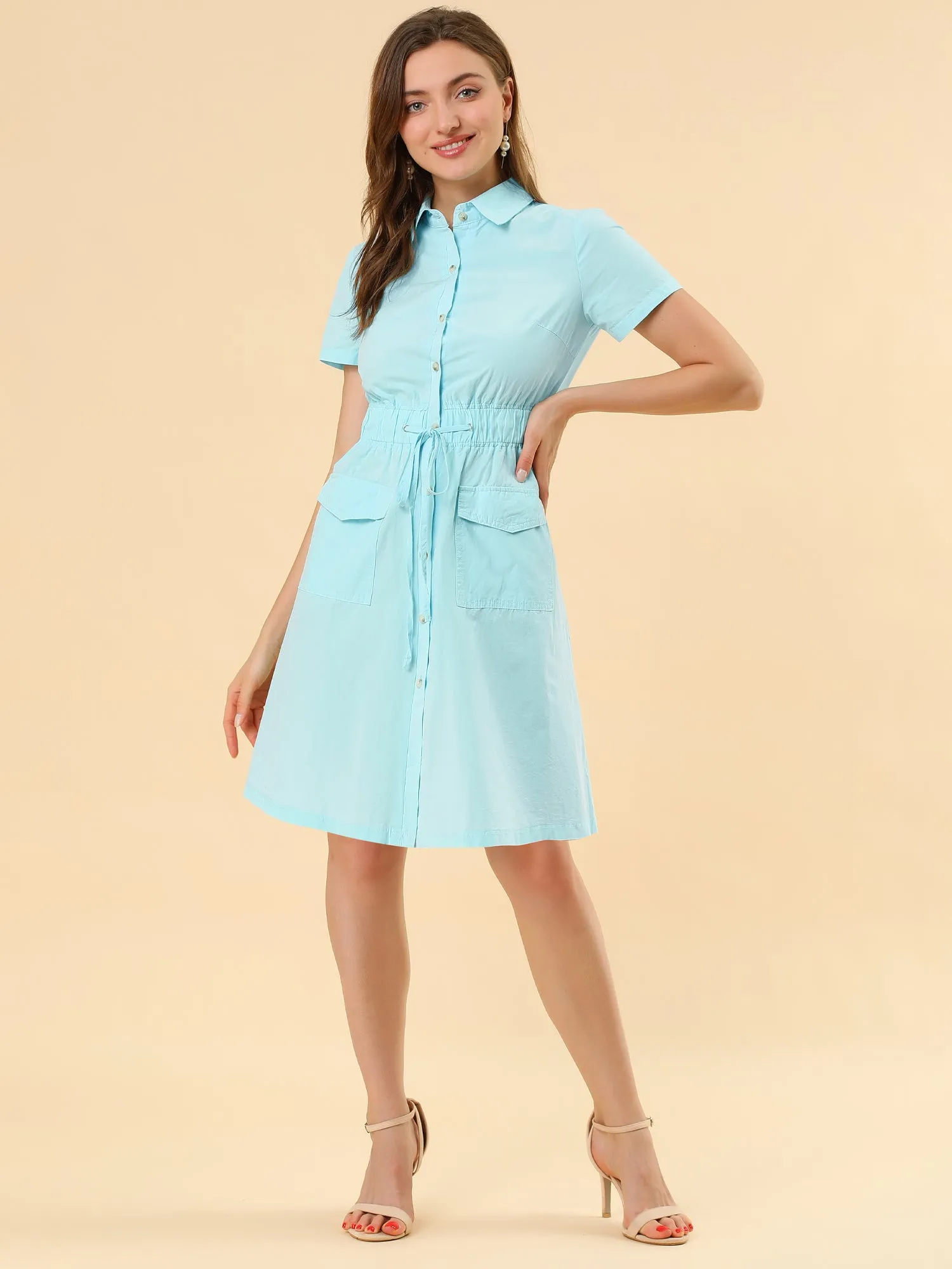 Cotton Button Down Lace-Up Collar Cargo Shirt Dress