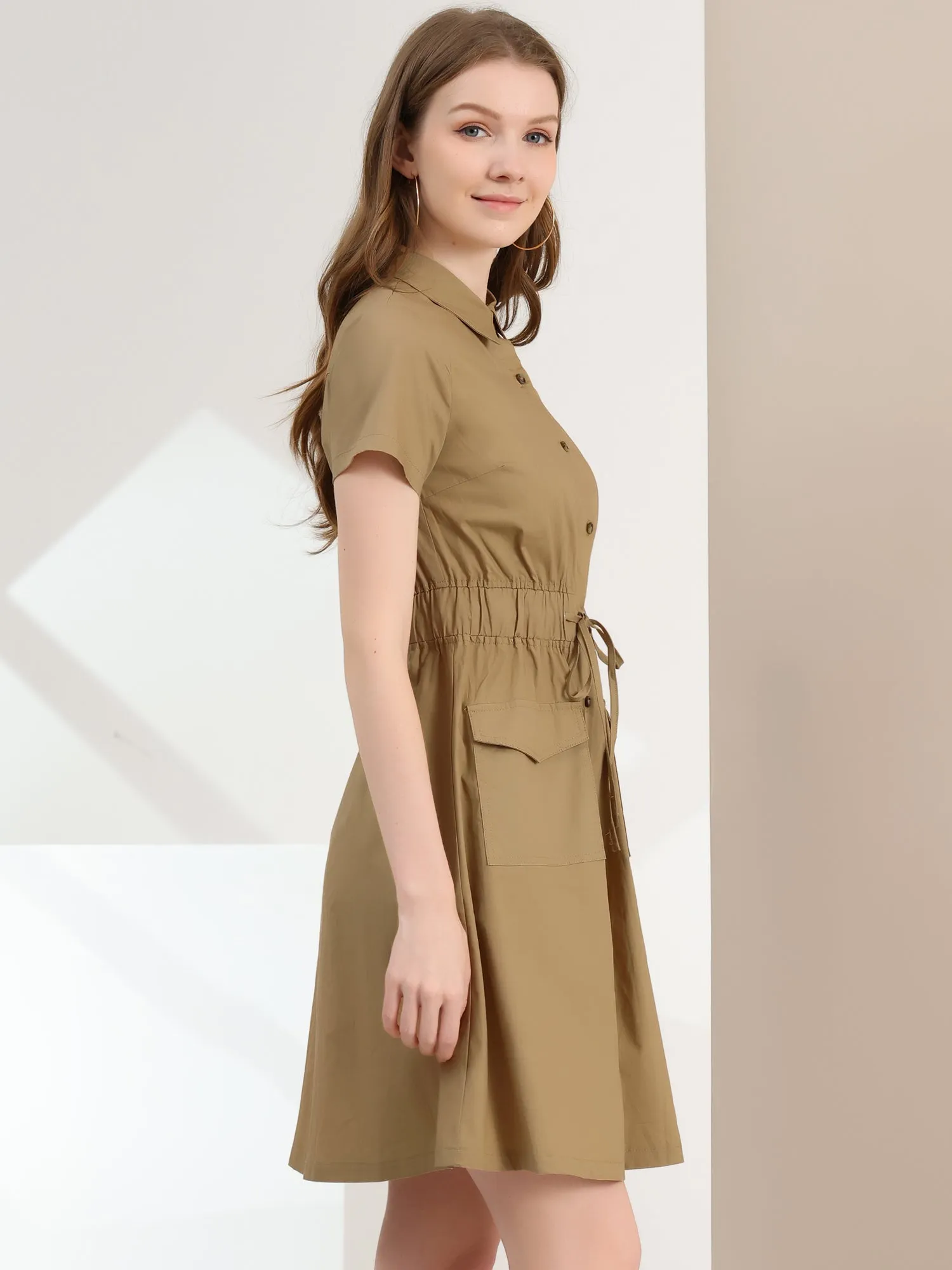 Cotton Button Down Lace-Up Collar Cargo Shirt Dress