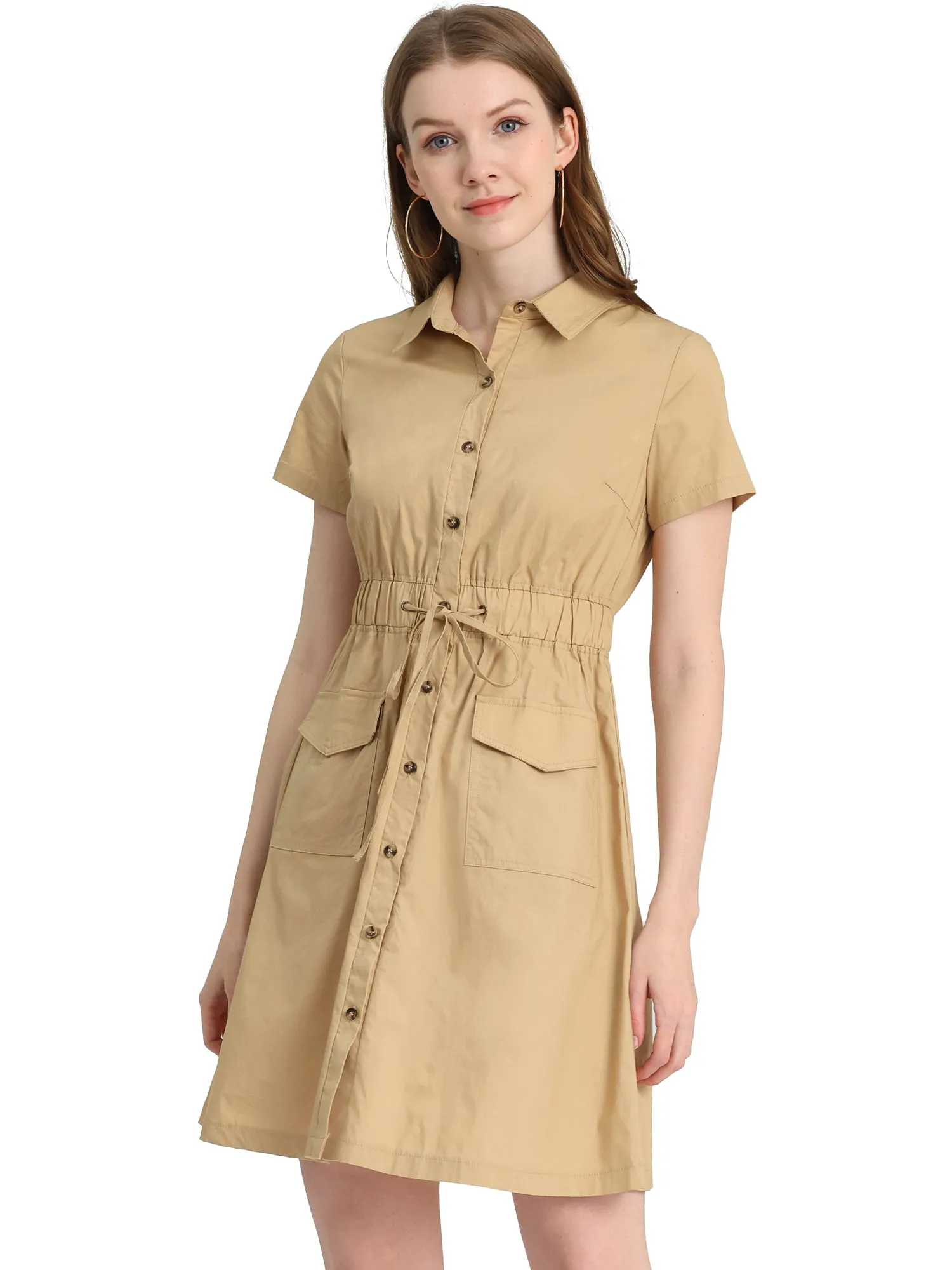 Cotton Button Down Lace-Up Collar Cargo Shirt Dress