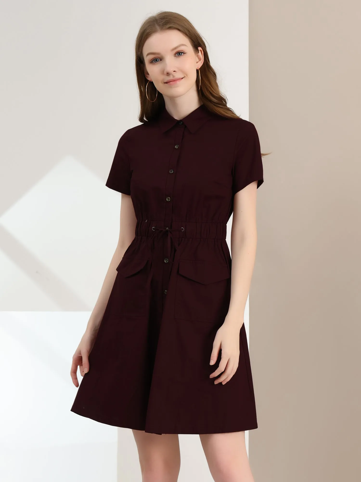Cotton Button Down Lace-Up Collar Cargo Shirt Dress
