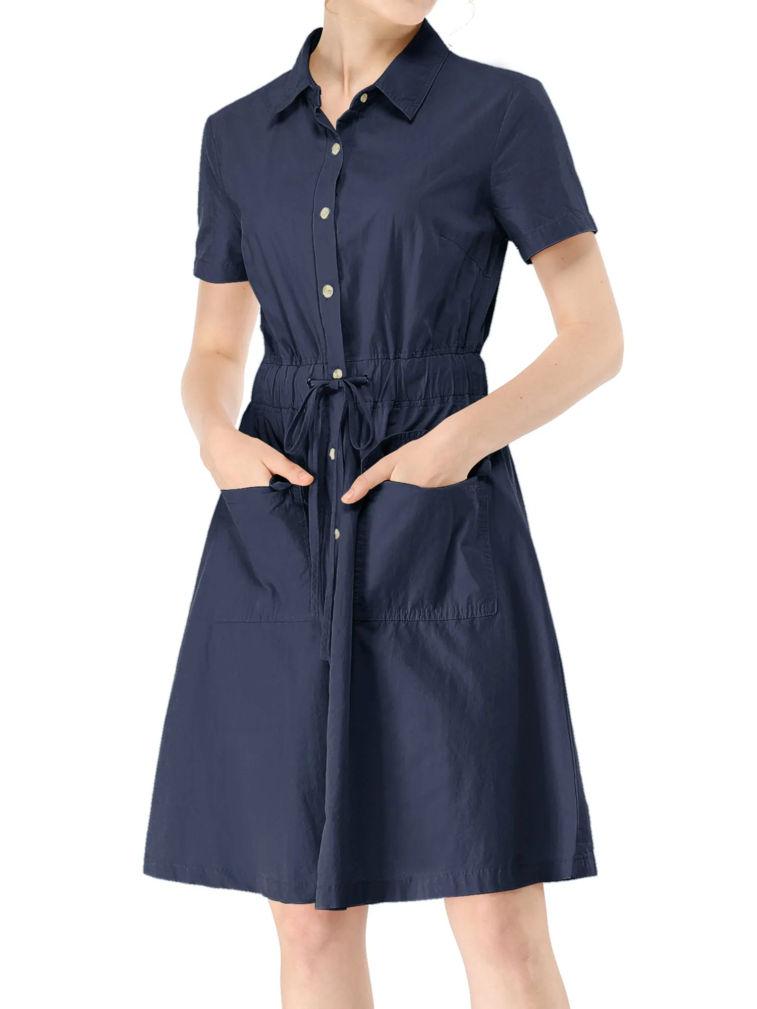 Cotton Button Down Lace-Up Collar Cargo Shirt Dress