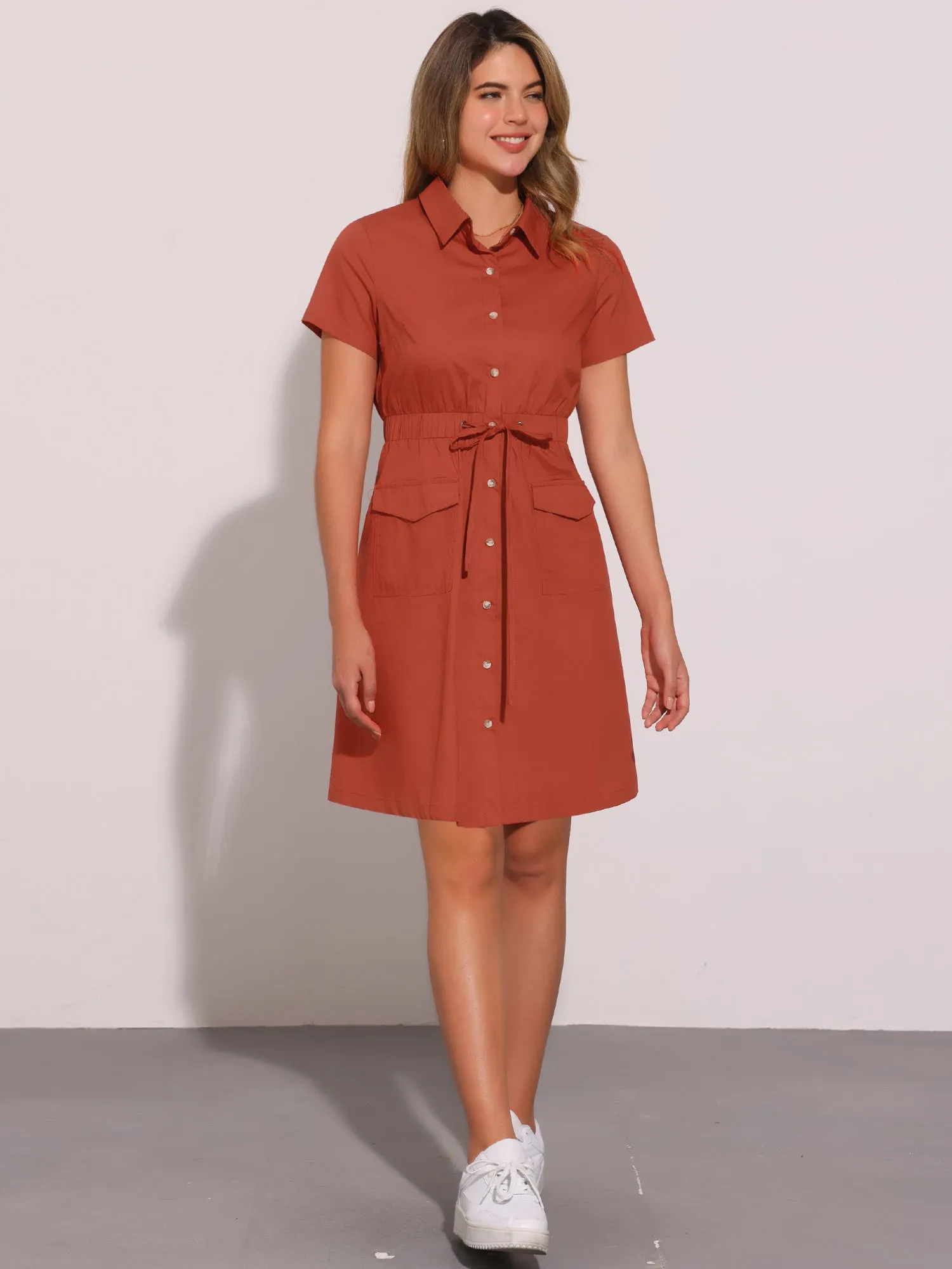 Cotton Button Down Lace-Up Collar Cargo Shirt Dress