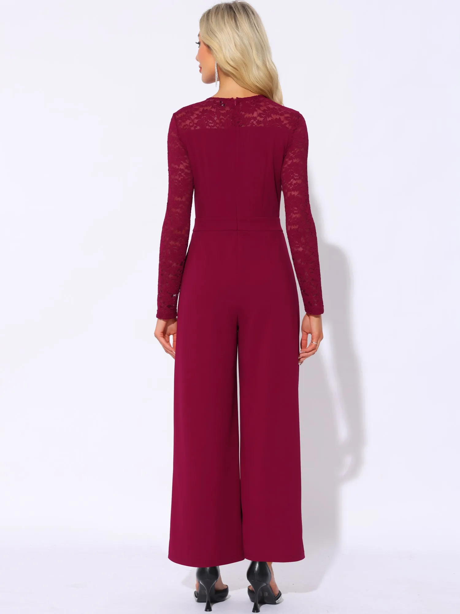 Crew Neck Mesh Lace Sleeve Wide Leg Jumpsuit