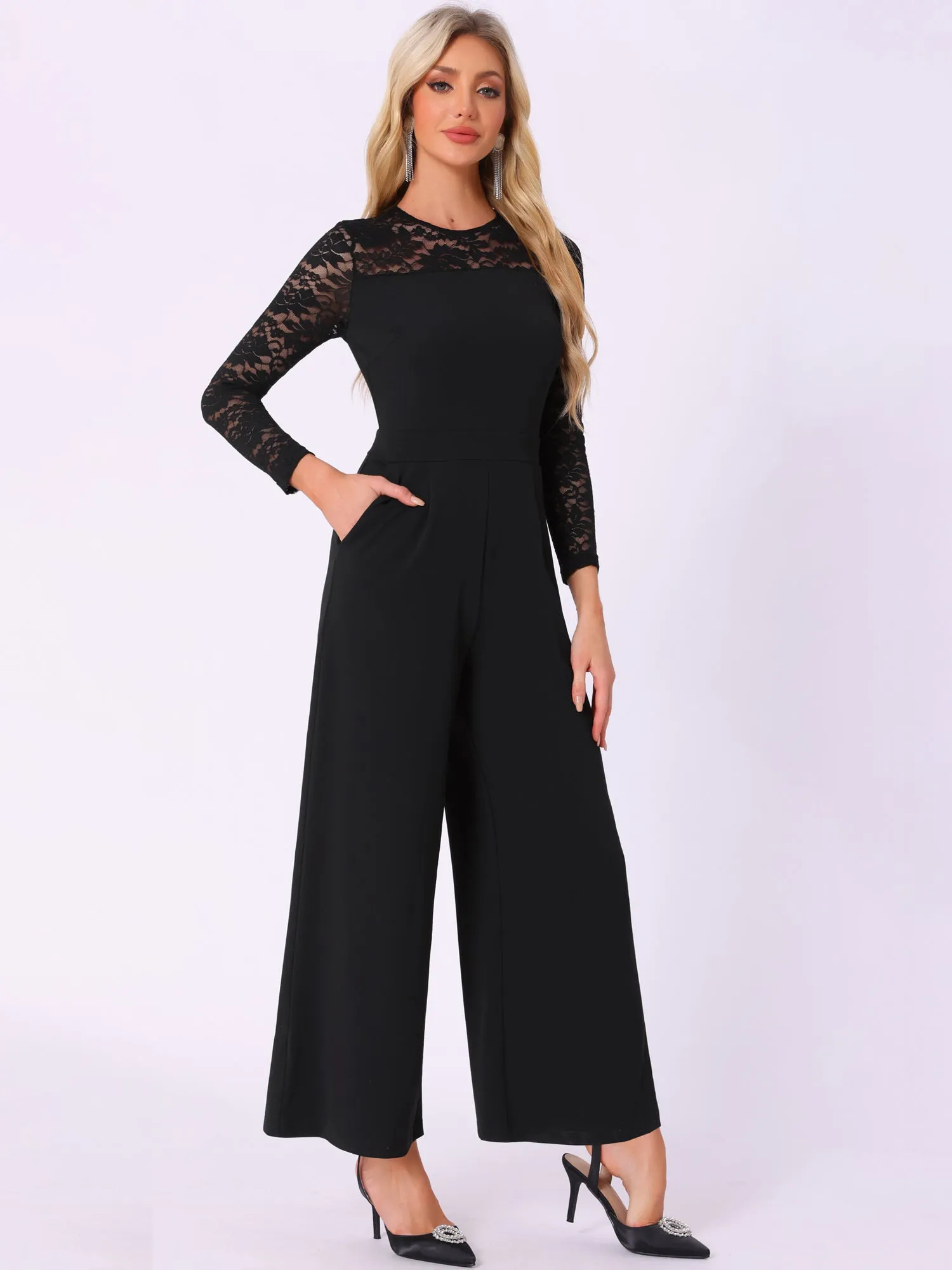 Crew Neck Mesh Lace Sleeve Wide Leg Jumpsuit