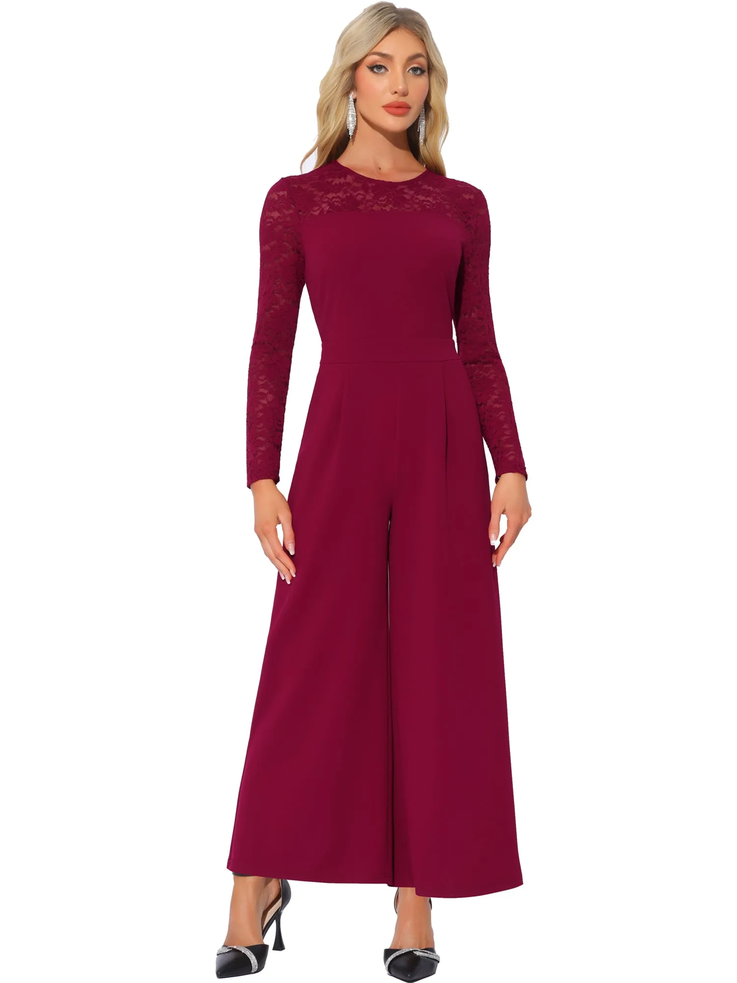 Crew Neck Mesh Lace Sleeve Wide Leg Jumpsuit