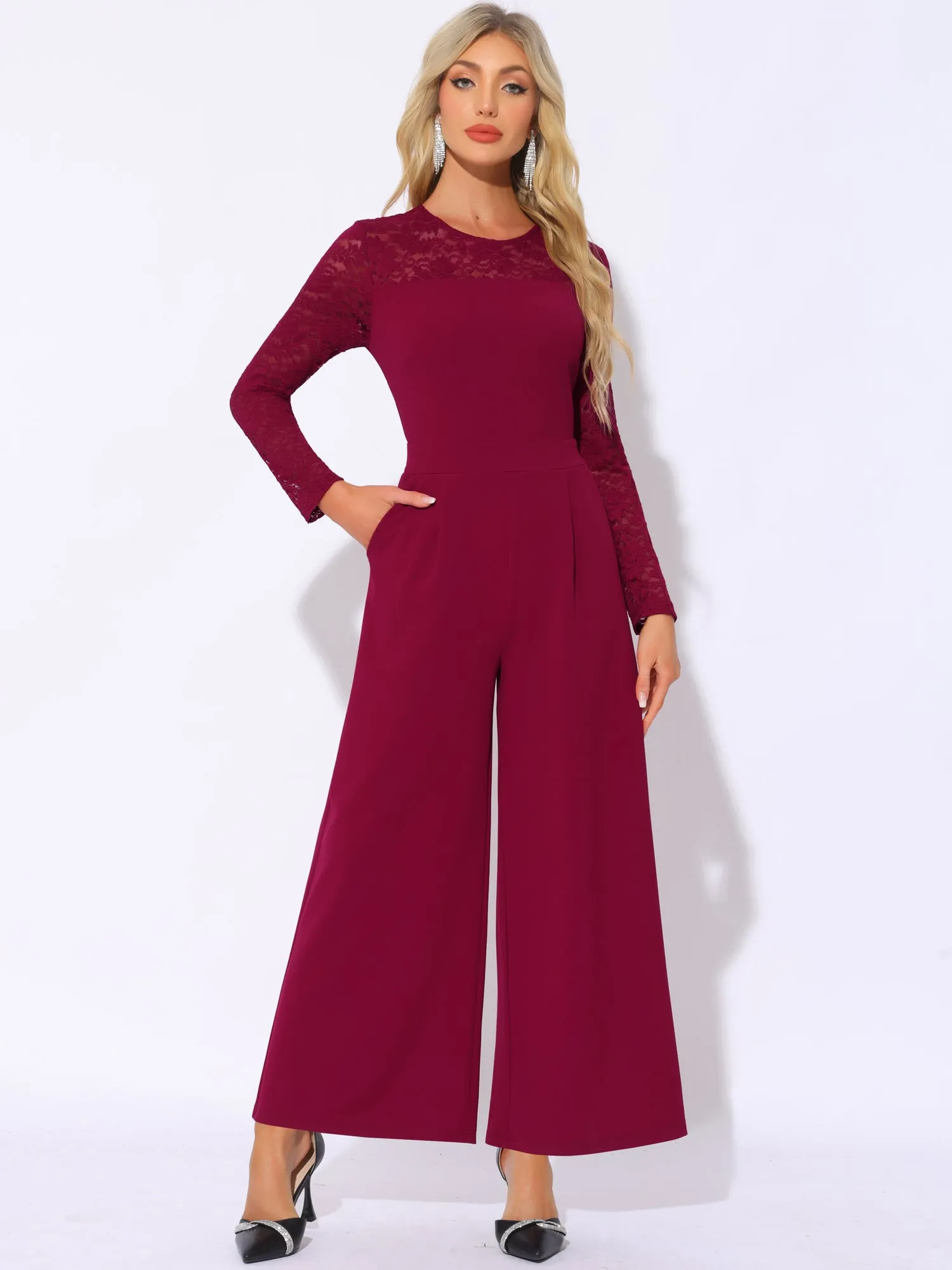 Crew Neck Mesh Lace Sleeve Wide Leg Jumpsuit