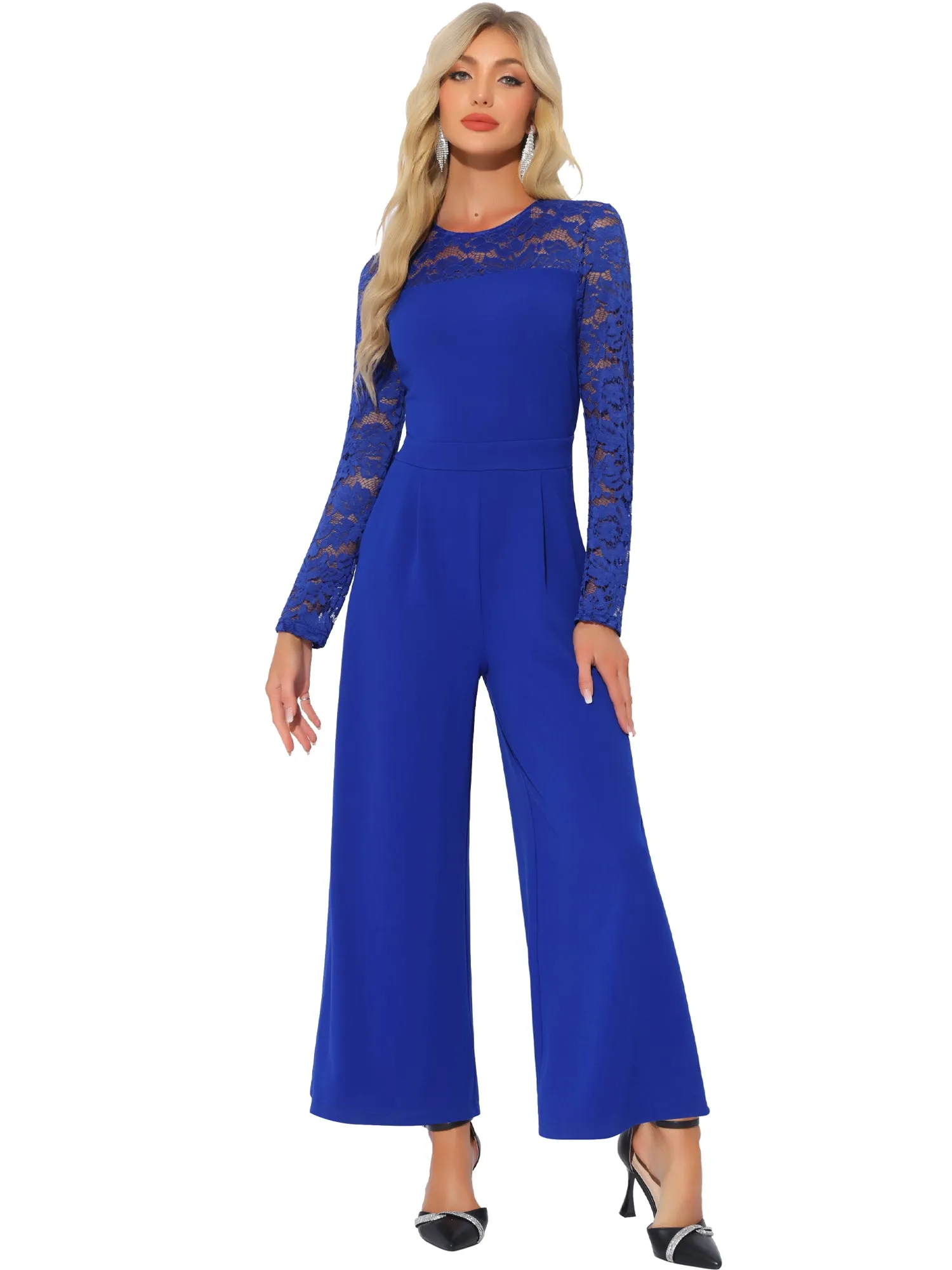 Crew Neck Mesh Lace Sleeve Wide Leg Jumpsuit