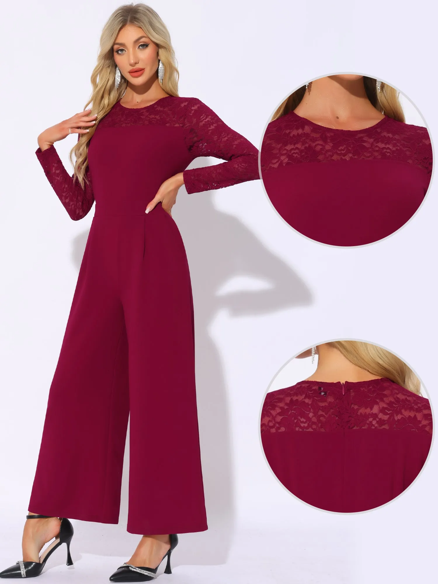 Crew Neck Mesh Lace Sleeve Wide Leg Jumpsuit