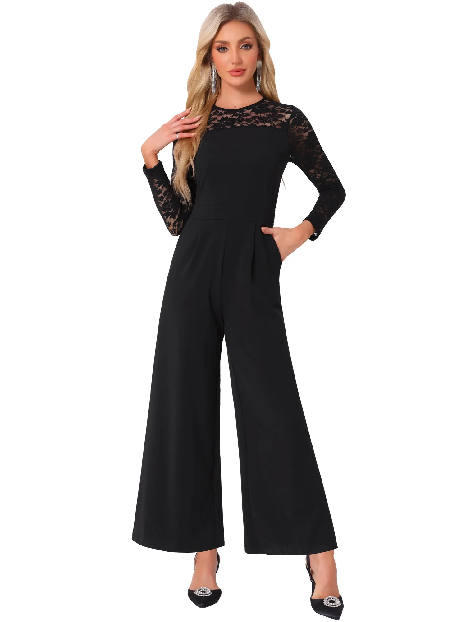 Crew Neck Mesh Lace Sleeve Wide Leg Jumpsuit