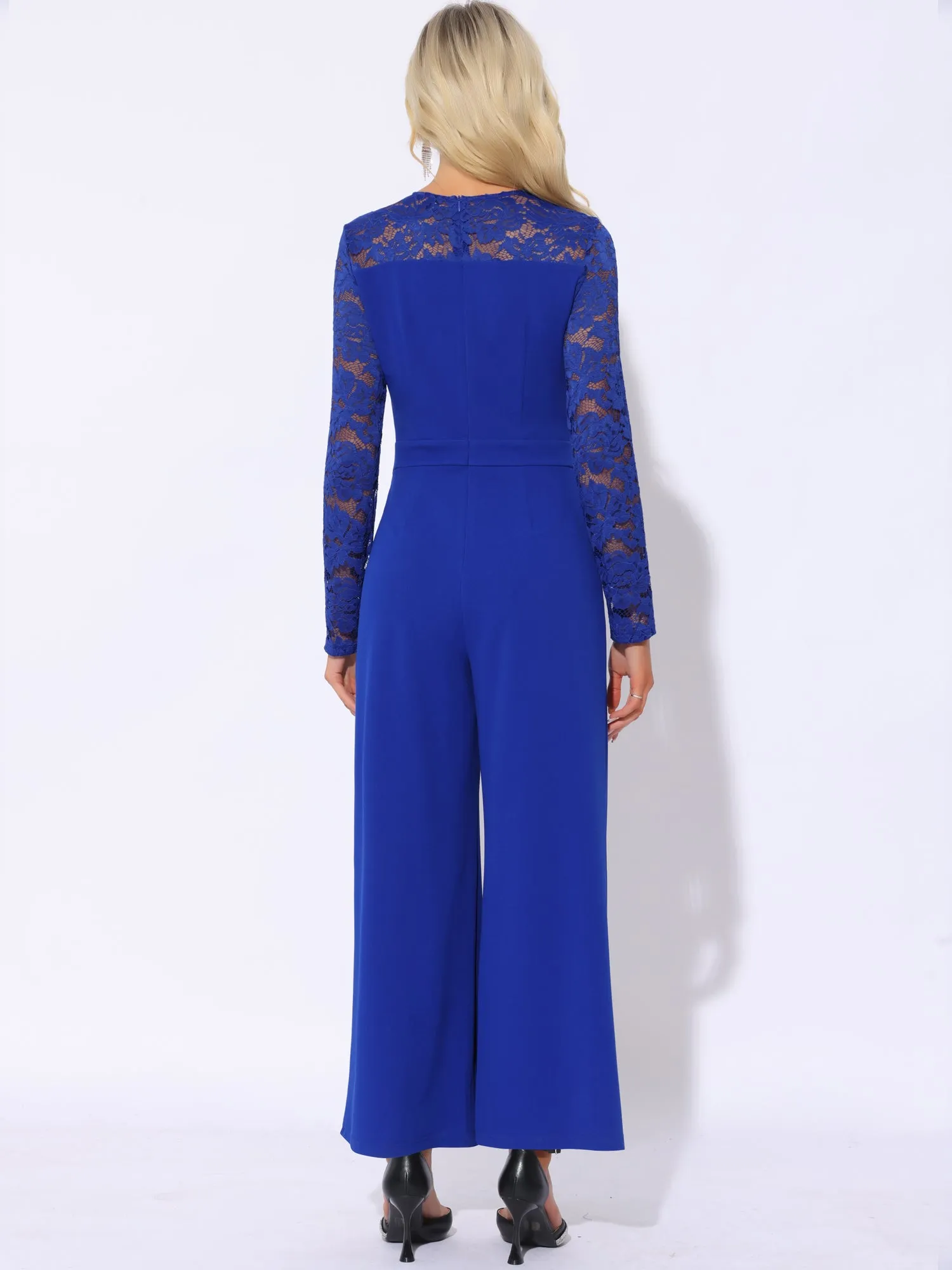 Crew Neck Mesh Lace Sleeve Wide Leg Jumpsuit