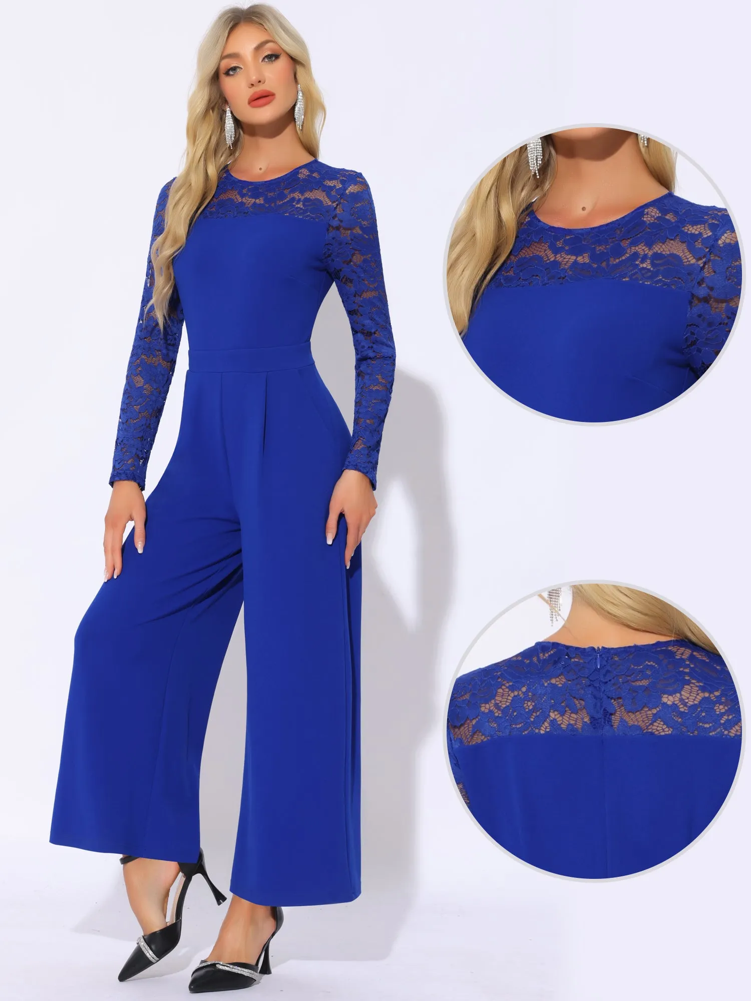 Crew Neck Mesh Lace Sleeve Wide Leg Jumpsuit
