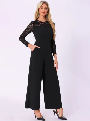 Crew Neck Mesh Lace Sleeve Wide Leg Jumpsuit