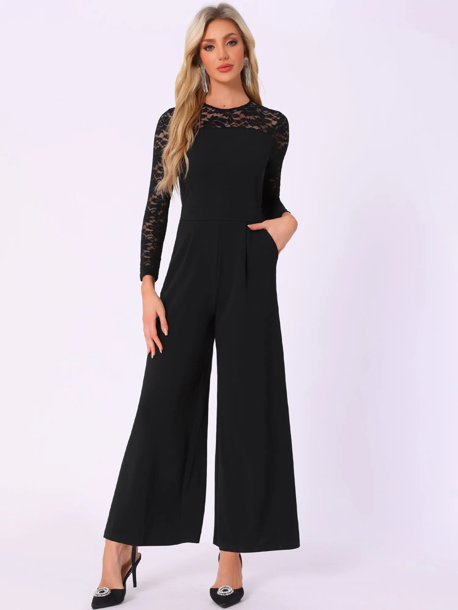 Crew Neck Mesh Lace Sleeve Wide Leg Jumpsuit