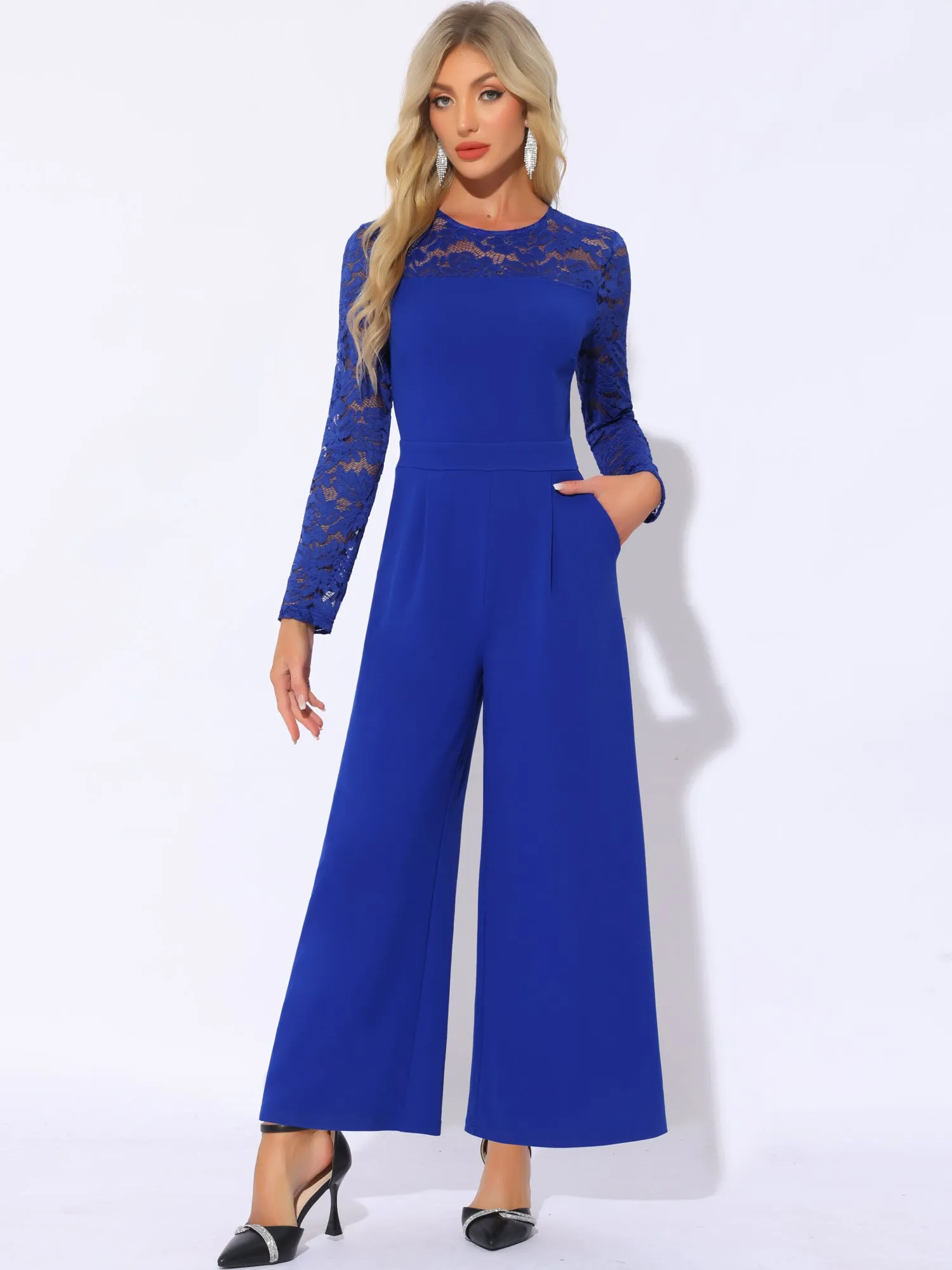 Crew Neck Mesh Lace Sleeve Wide Leg Jumpsuit