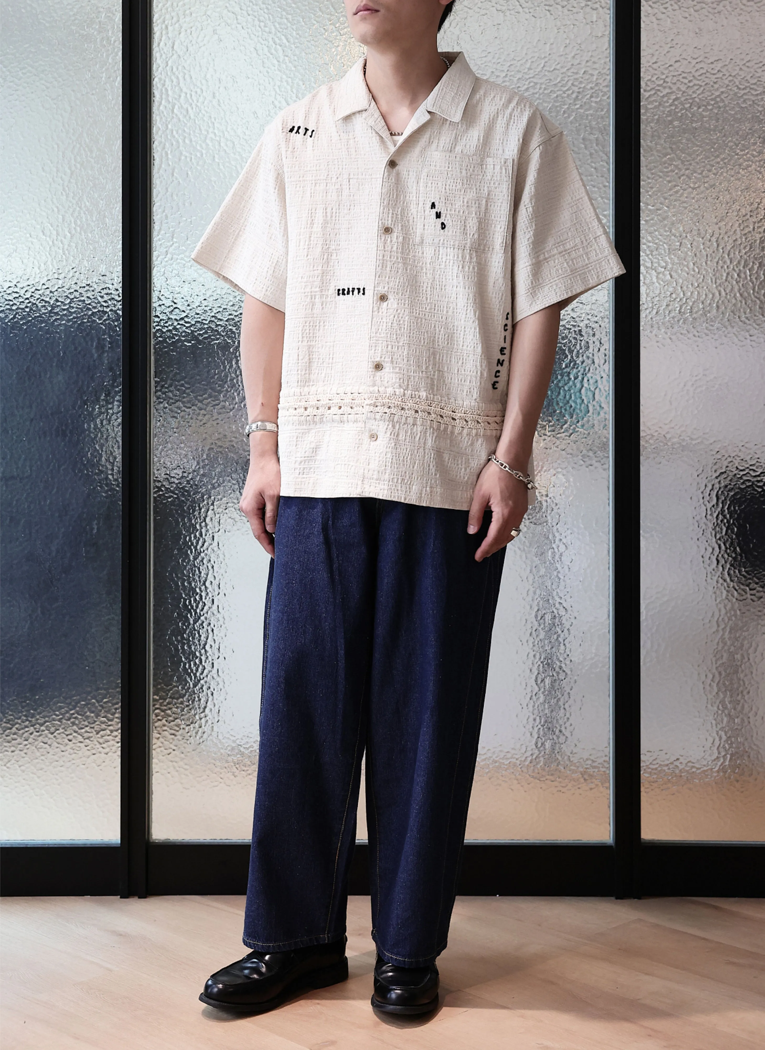 Crochet Knit Blcoking Open Collar Shirt