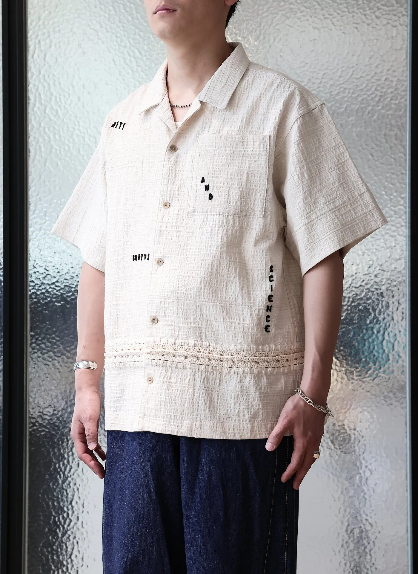 Crochet Knit Blcoking Open Collar Shirt