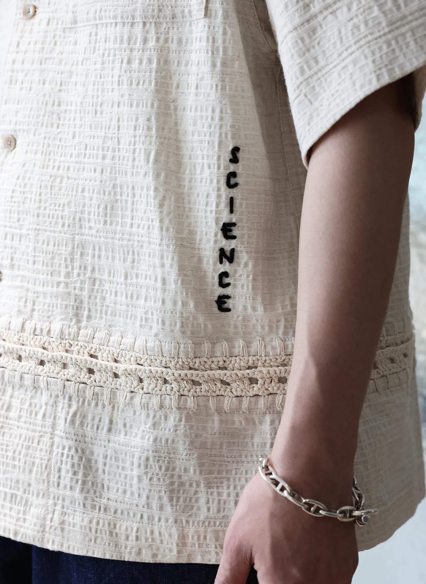 Crochet Knit Blcoking Open Collar Shirt