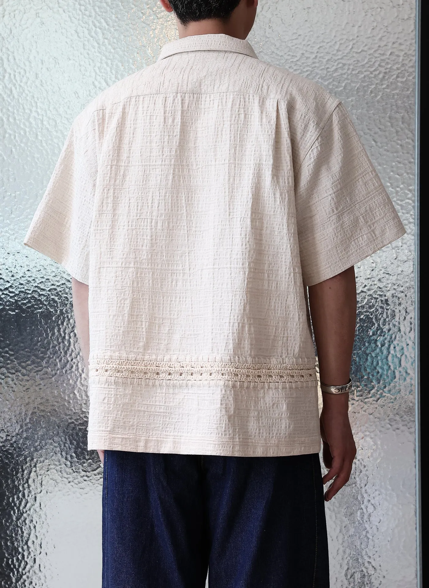 Crochet Knit Blcoking Open Collar Shirt