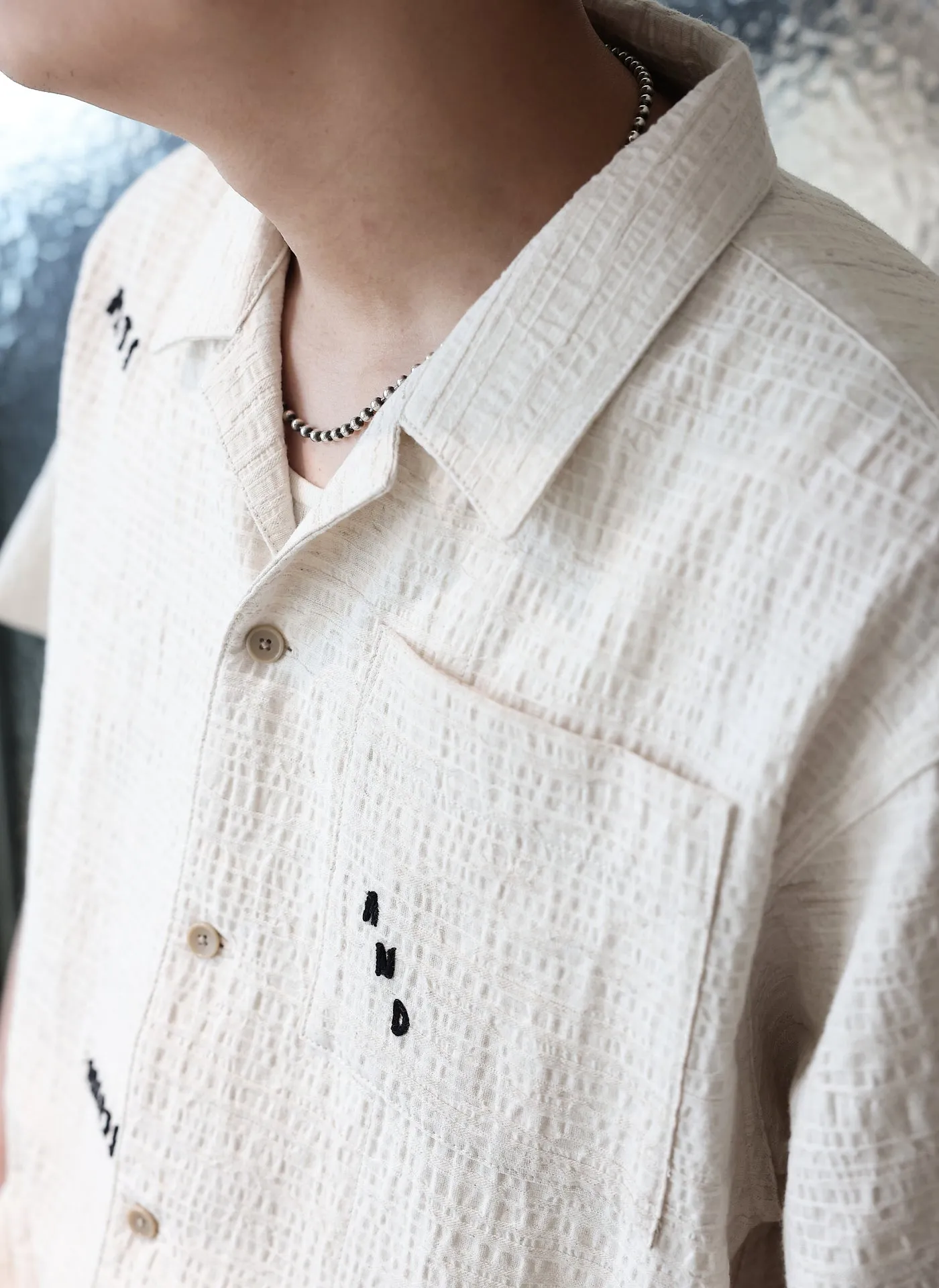 Crochet Knit Blcoking Open Collar Shirt