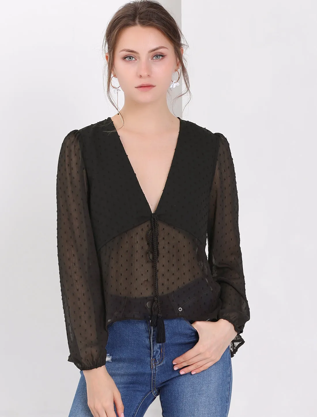 Deep V Neck Chiffon Swiss Dots Ruffle Hem Long Sleeve Peplum Top
