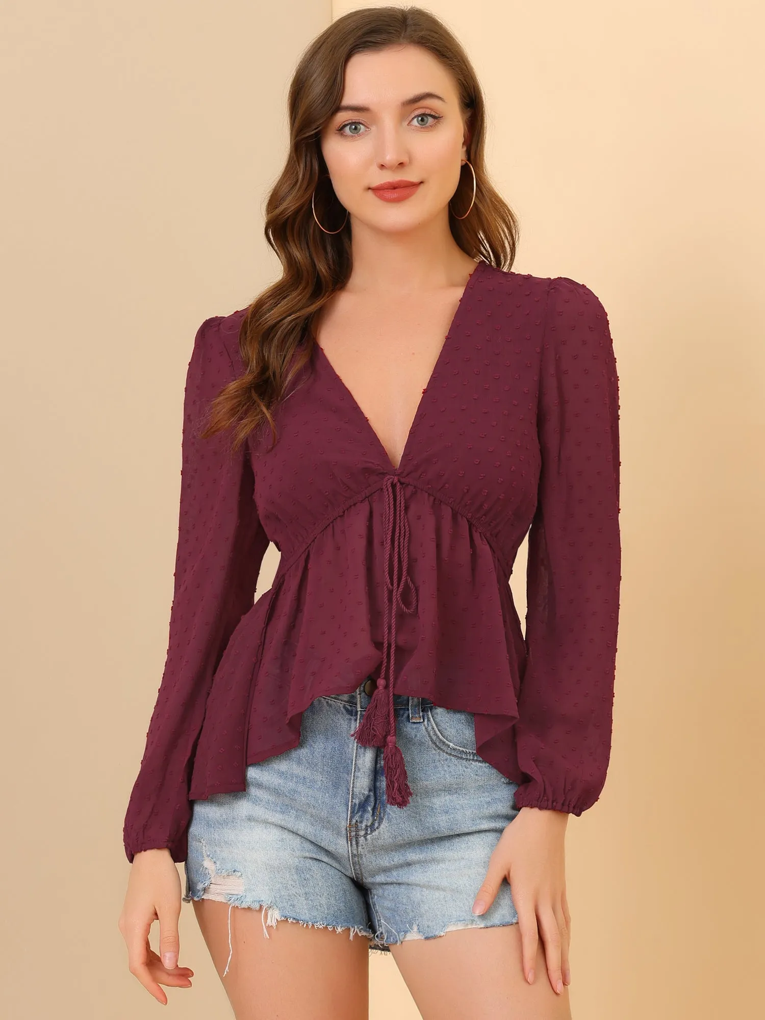 Deep V Neck Chiffon Swiss Dots Ruffle Hem Long Sleeve Peplum Top