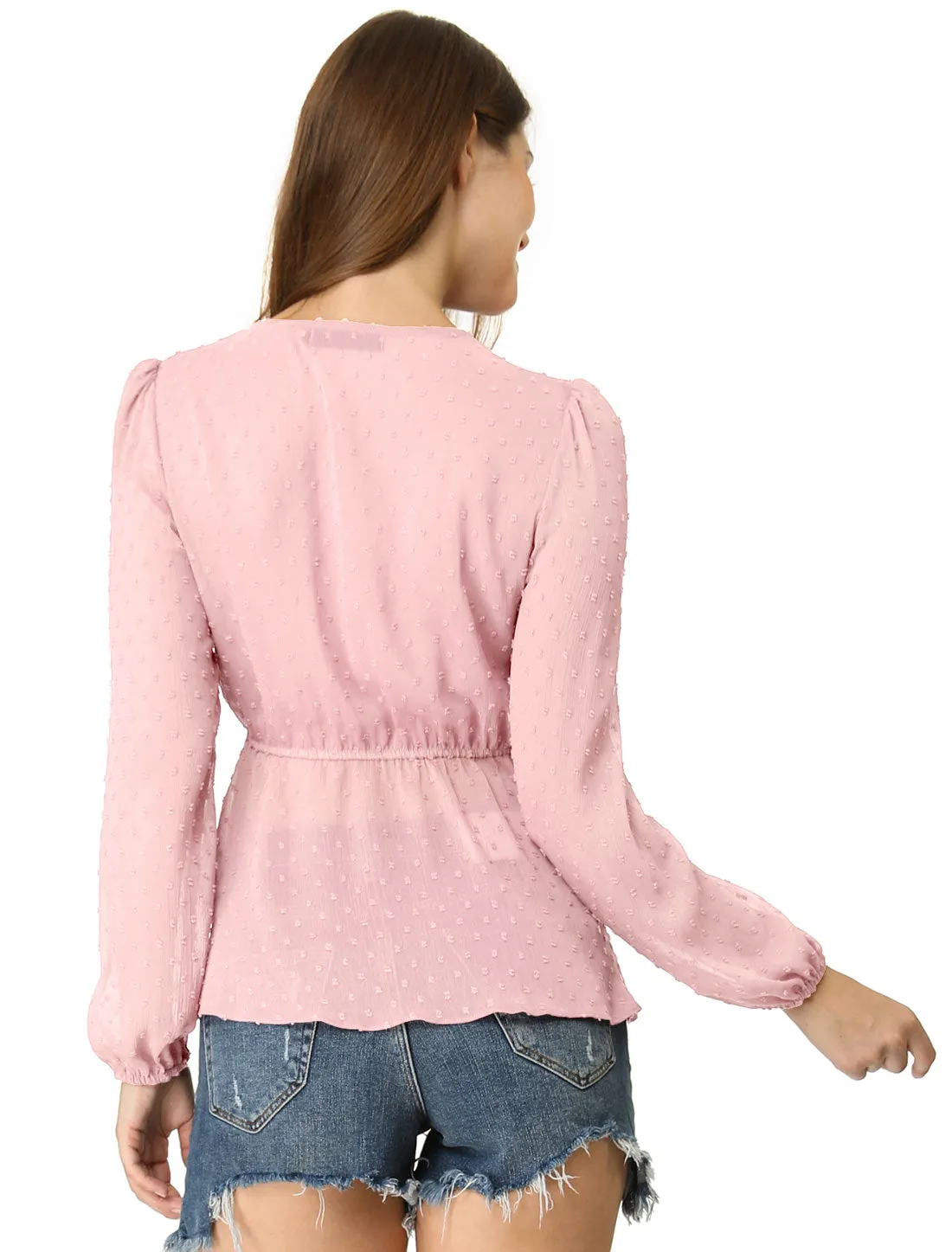 Deep V Neck Chiffon Swiss Dots Ruffle Hem Long Sleeve Peplum Top