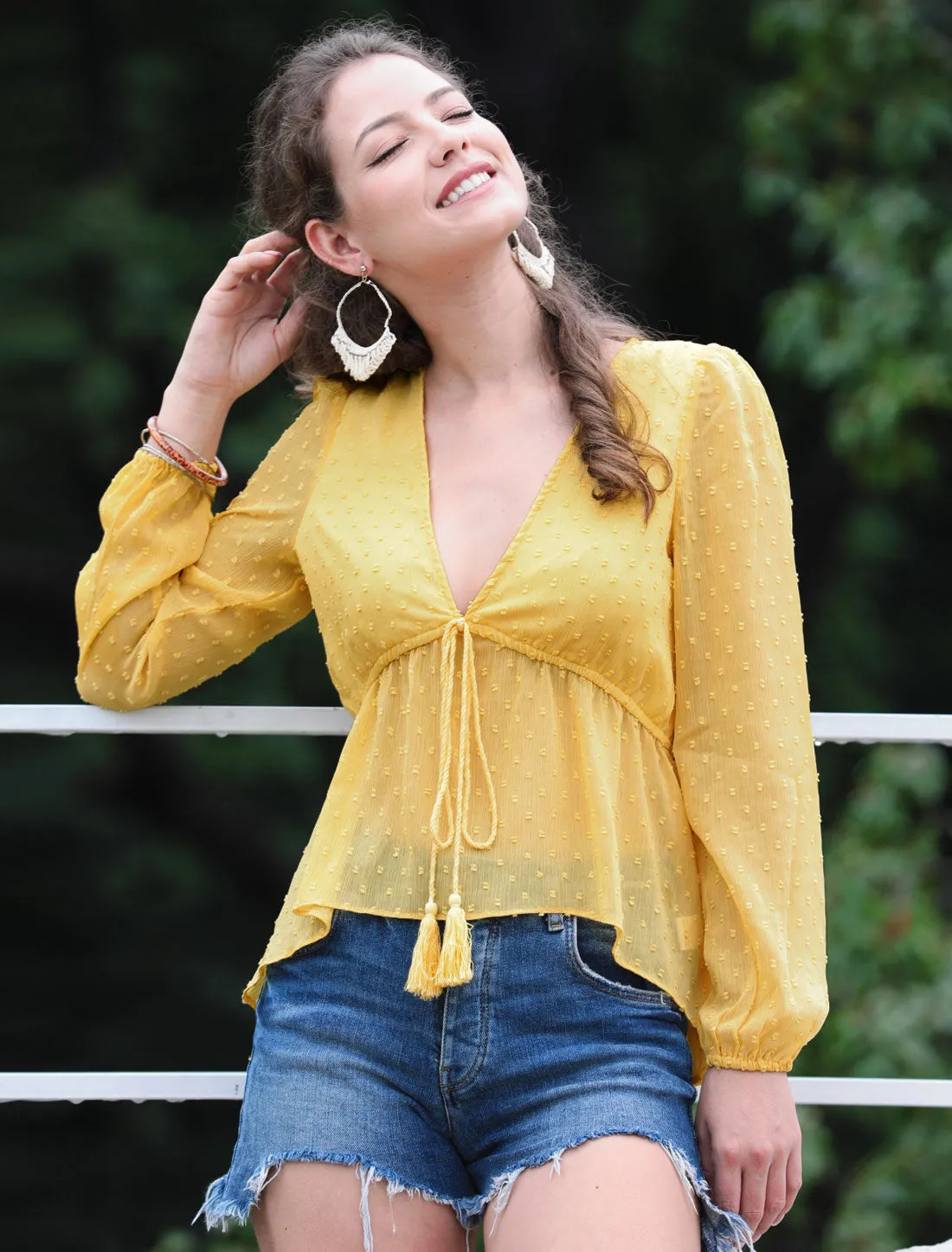 Deep V Neck Chiffon Swiss Dots Ruffle Hem Long Sleeve Peplum Top