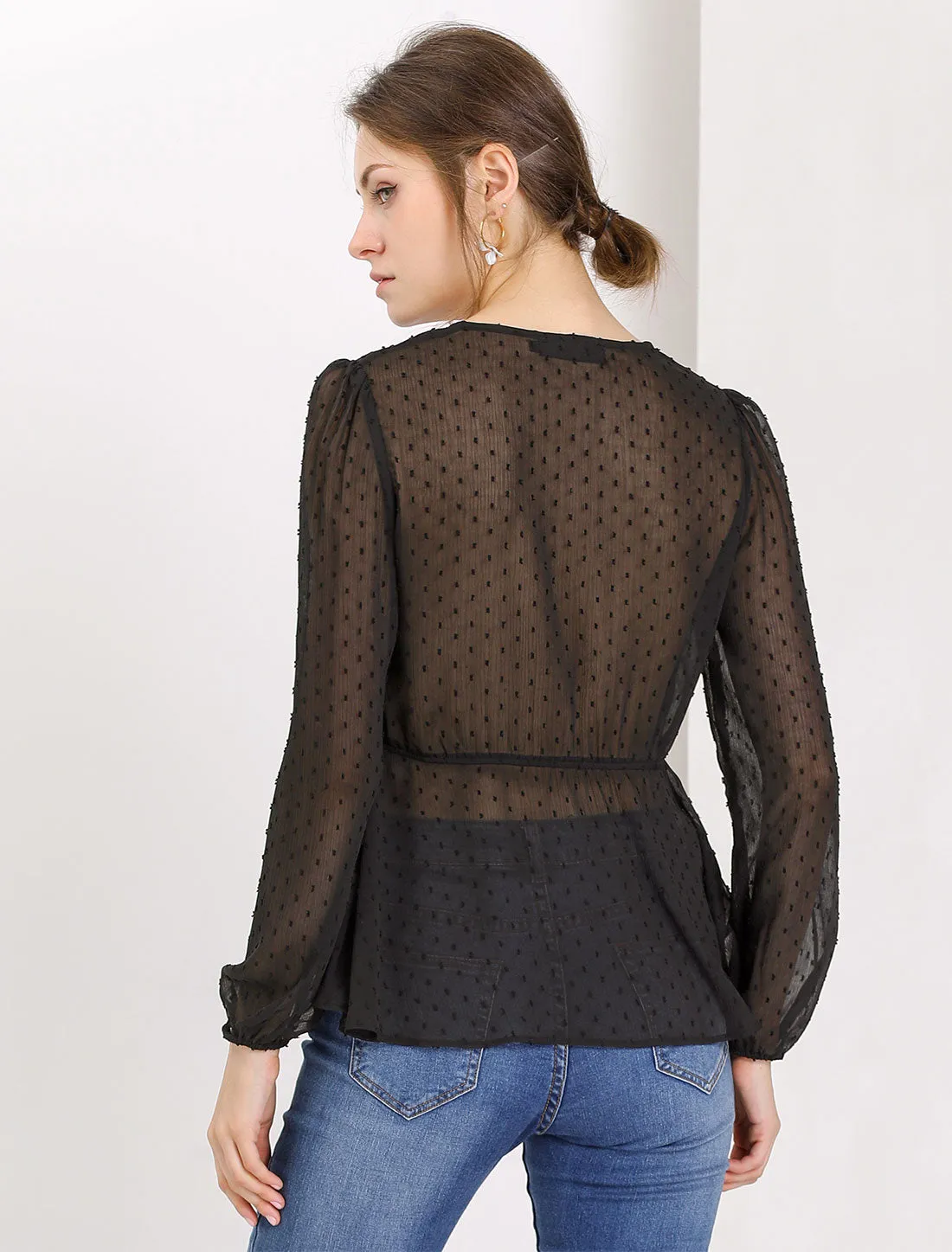 Deep V Neck Chiffon Swiss Dots Ruffle Hem Long Sleeve Peplum Top