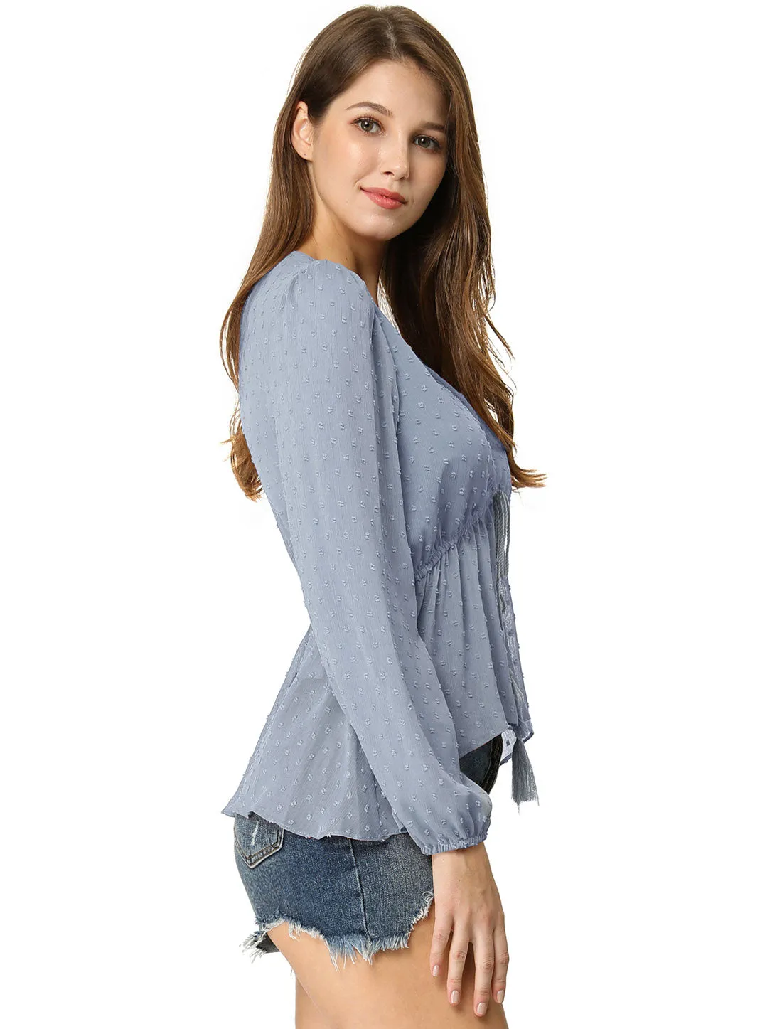 Deep V Neck Chiffon Swiss Dots Ruffle Hem Long Sleeve Peplum Top