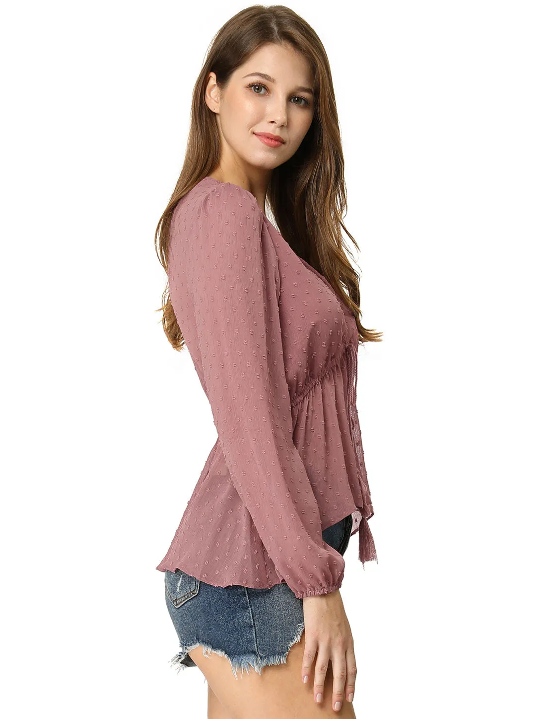 Deep V Neck Chiffon Swiss Dots Ruffle Hem Long Sleeve Peplum Top
