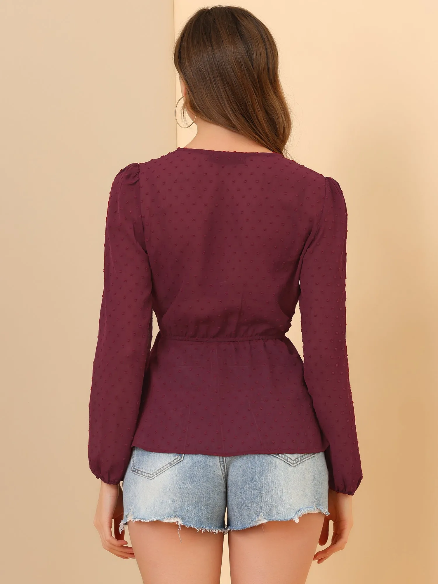 Deep V Neck Chiffon Swiss Dots Ruffle Hem Long Sleeve Peplum Top