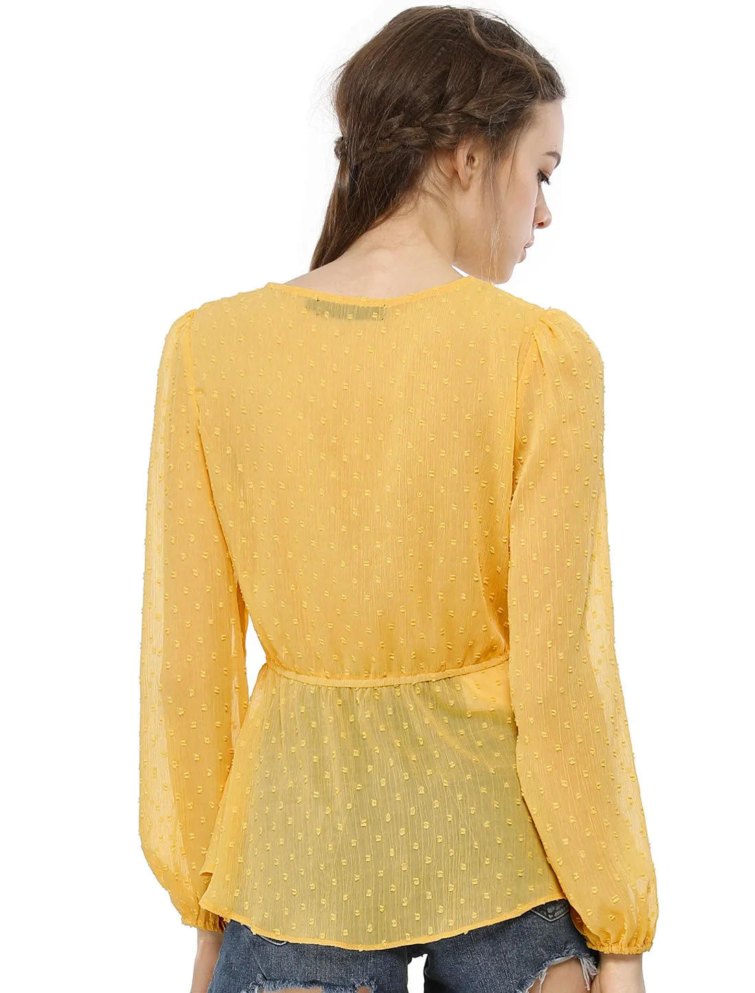 Deep V Neck Chiffon Swiss Dots Ruffle Hem Long Sleeve Peplum Top