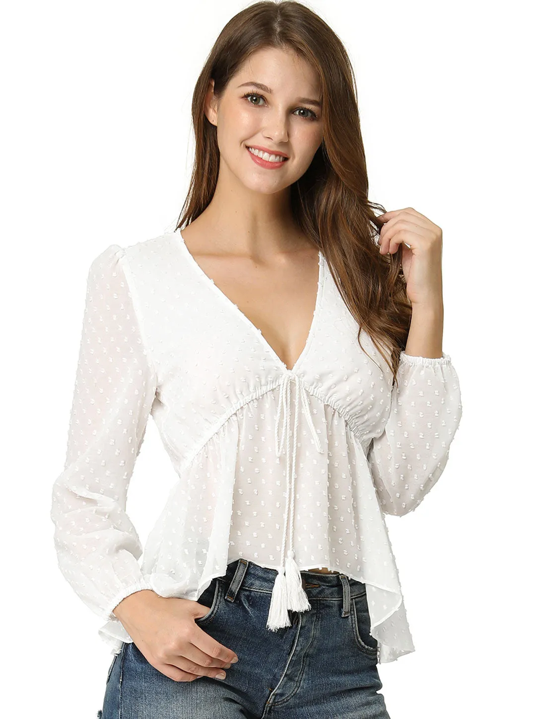 Deep V Neck Chiffon Swiss Dots Ruffle Hem Long Sleeve Peplum Top
