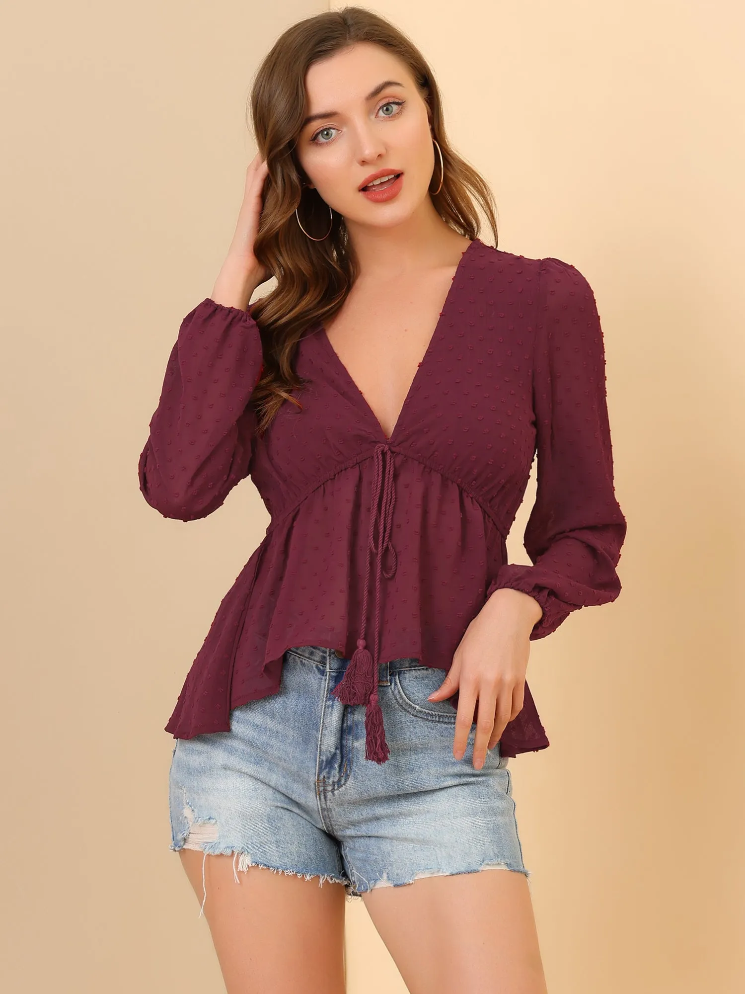 Deep V Neck Chiffon Swiss Dots Ruffle Hem Long Sleeve Peplum Top