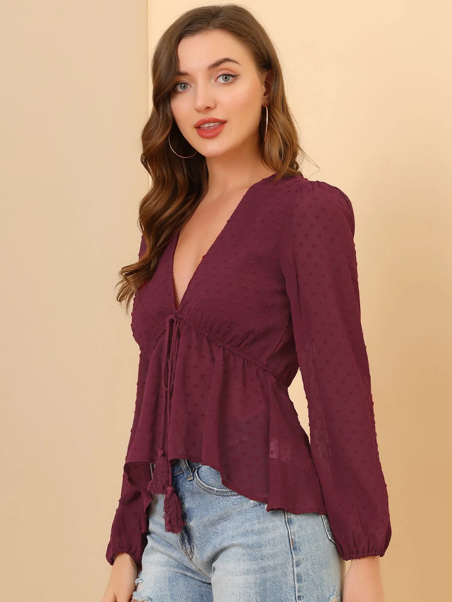 Deep V Neck Chiffon Swiss Dots Ruffle Hem Long Sleeve Peplum Top
