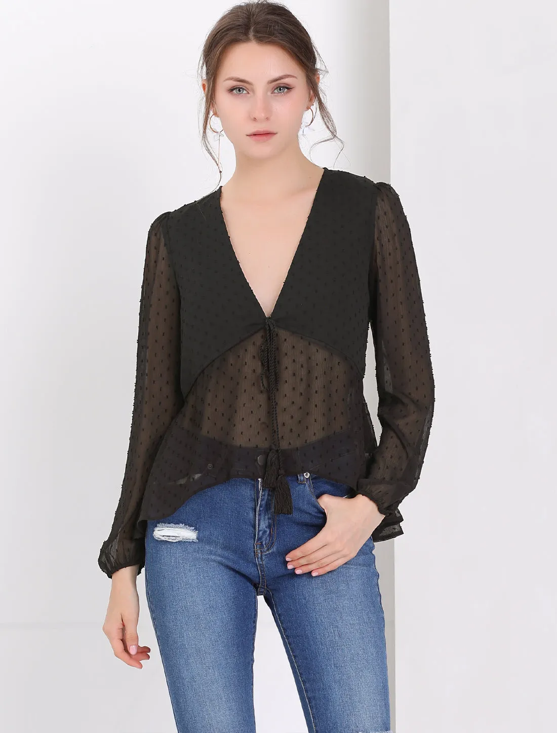 Deep V Neck Chiffon Swiss Dots Ruffle Hem Long Sleeve Peplum Top
