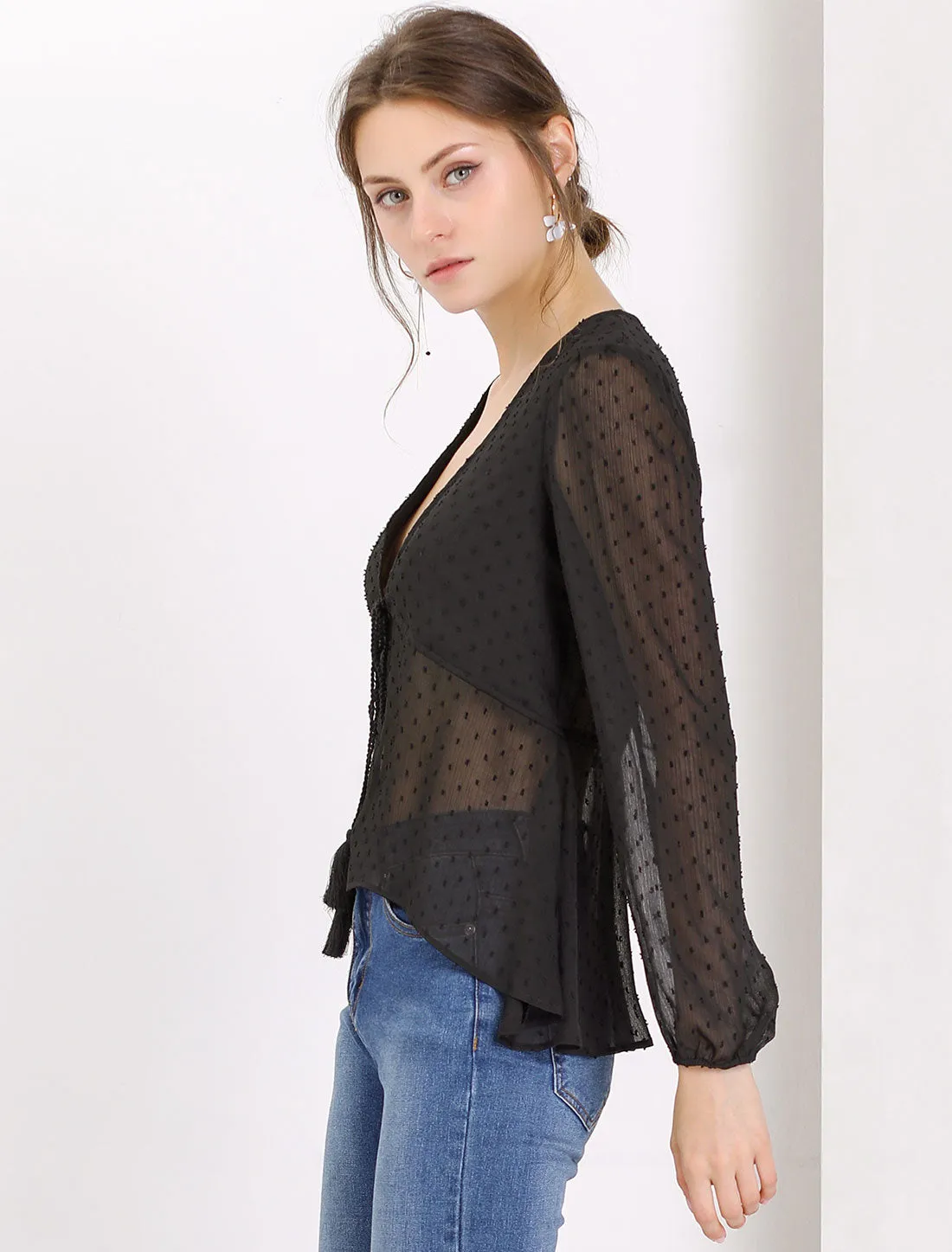 Deep V Neck Chiffon Swiss Dots Ruffle Hem Long Sleeve Peplum Top