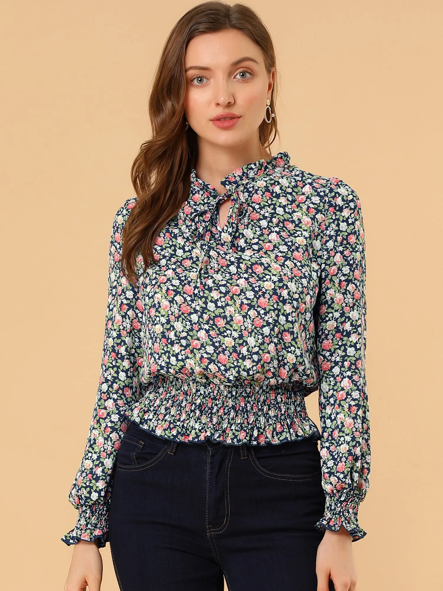 Ditsy Floral Blouse Ruffle Tie Neck Long Sleeve Peplum Smocked Tops