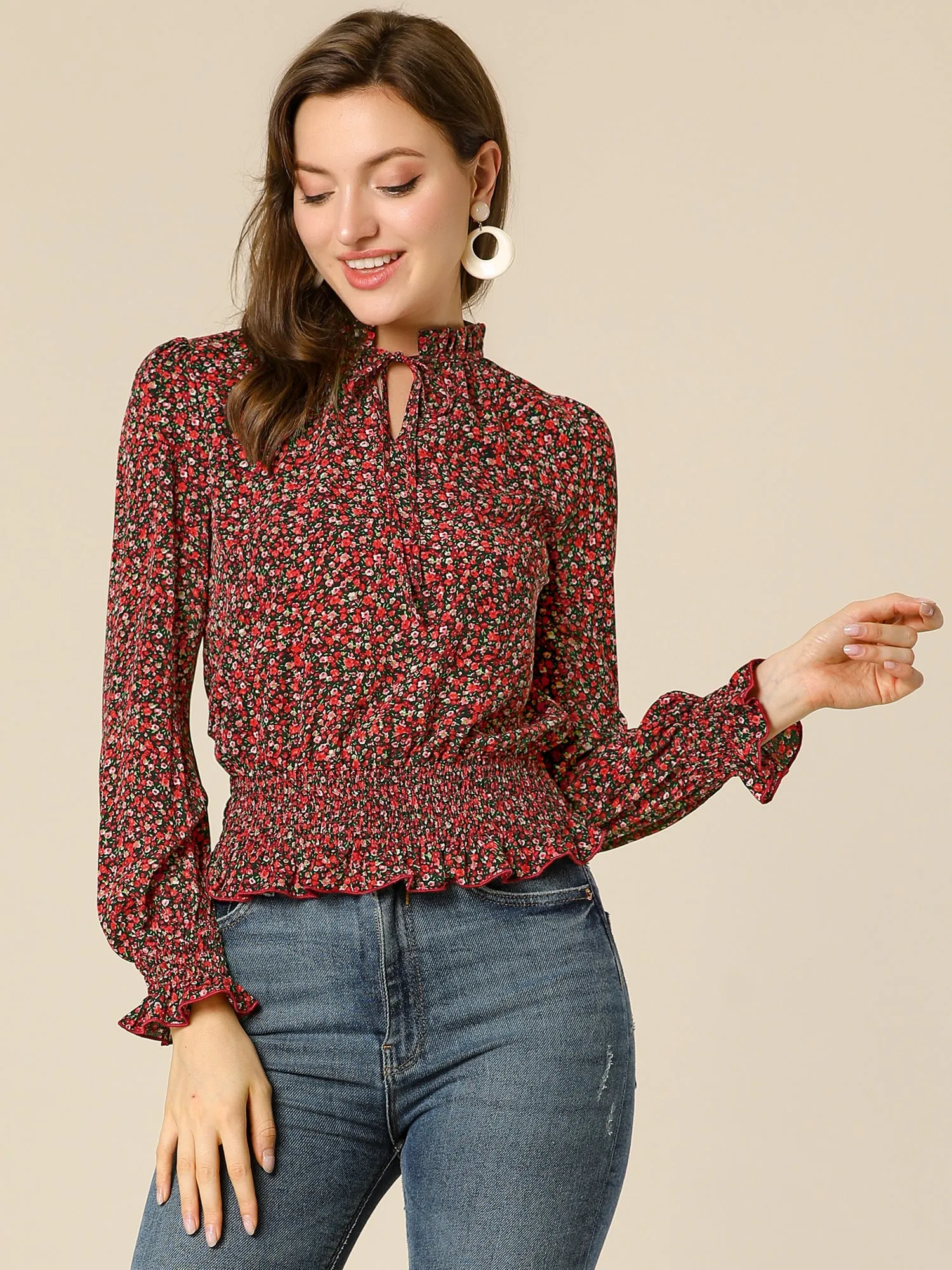 Ditsy Floral Blouse Ruffle Tie Neck Long Sleeve Peplum Smocked Tops