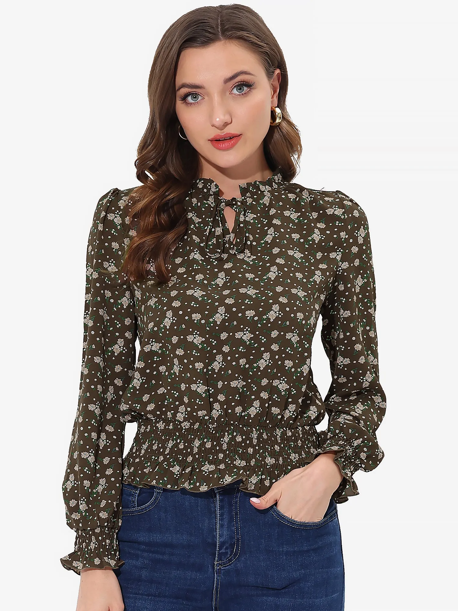 Ditsy Floral Blouse Ruffle Tie Neck Long Sleeve Peplum Smocked Tops