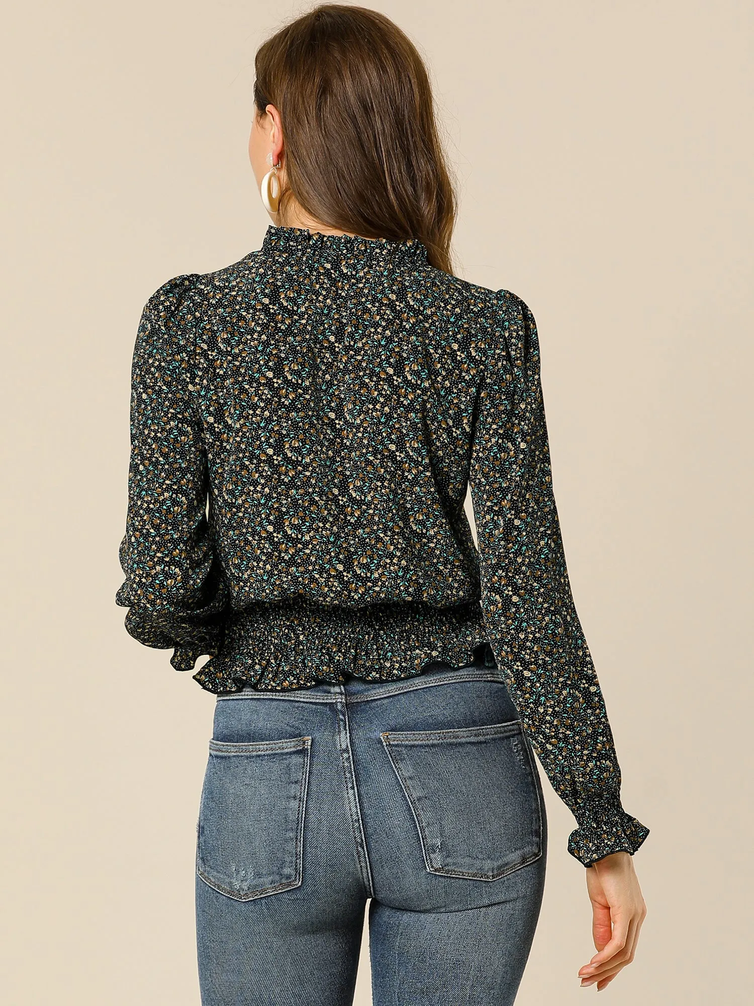 Ditsy Floral Blouse Ruffle Tie Neck Long Sleeve Peplum Smocked Tops