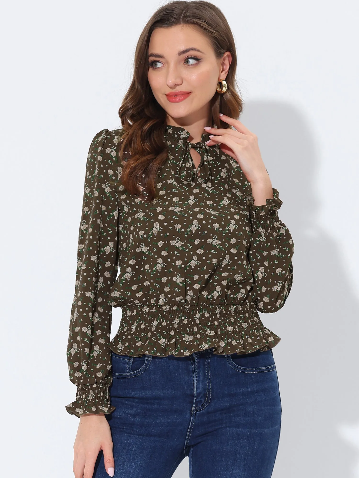 Ditsy Floral Blouse Ruffle Tie Neck Long Sleeve Peplum Smocked Tops
