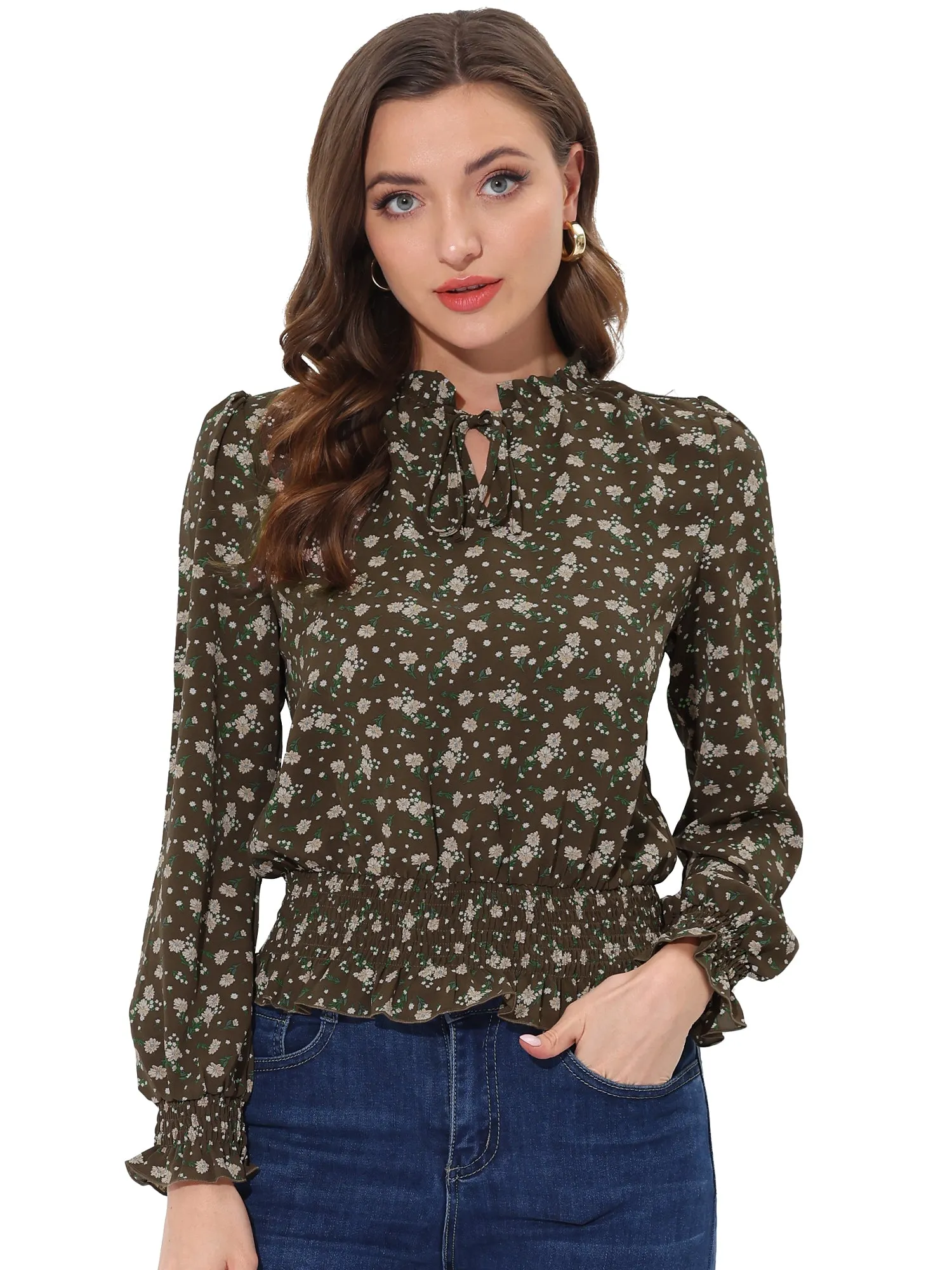 Ditsy Floral Blouse Ruffle Tie Neck Long Sleeve Peplum Smocked Tops