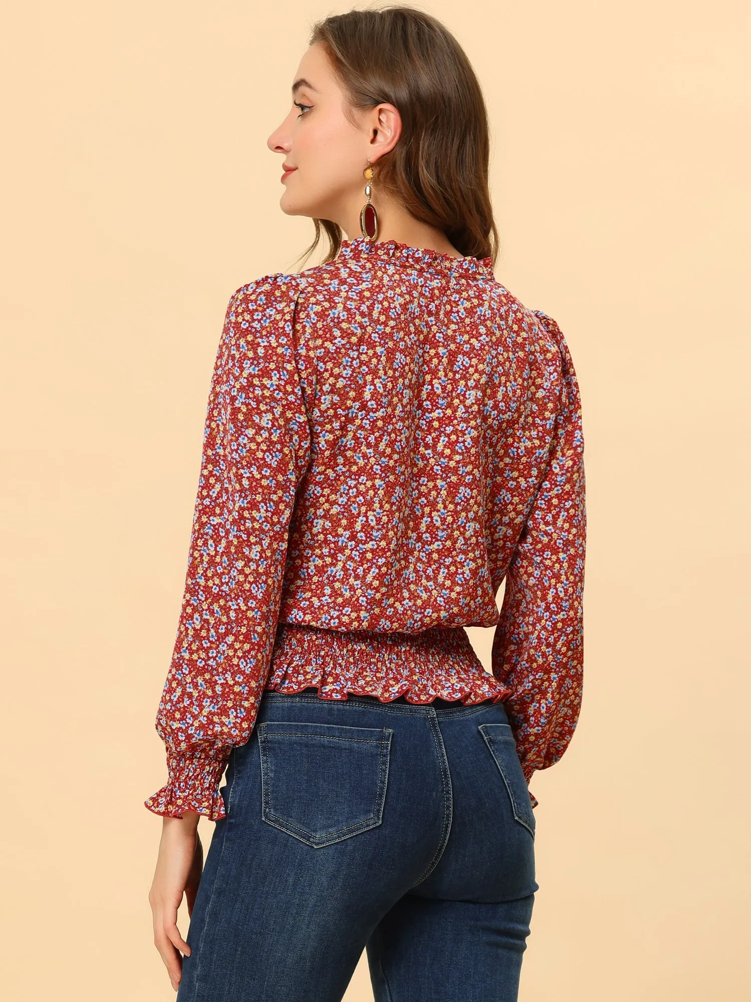 Ditsy Floral Blouse Ruffle Tie Neck Long Sleeve Peplum Smocked Tops