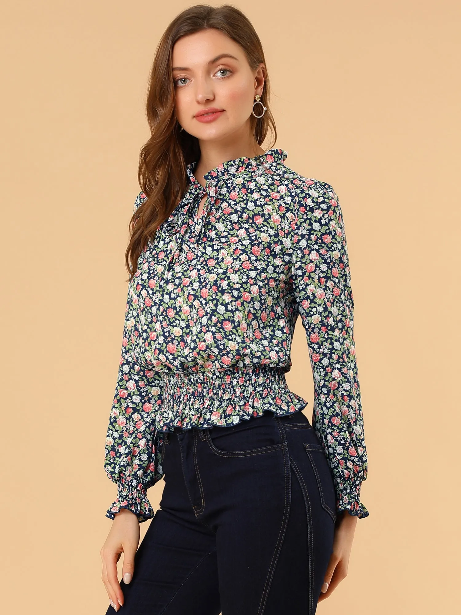 Ditsy Floral Blouse Ruffle Tie Neck Long Sleeve Peplum Smocked Tops