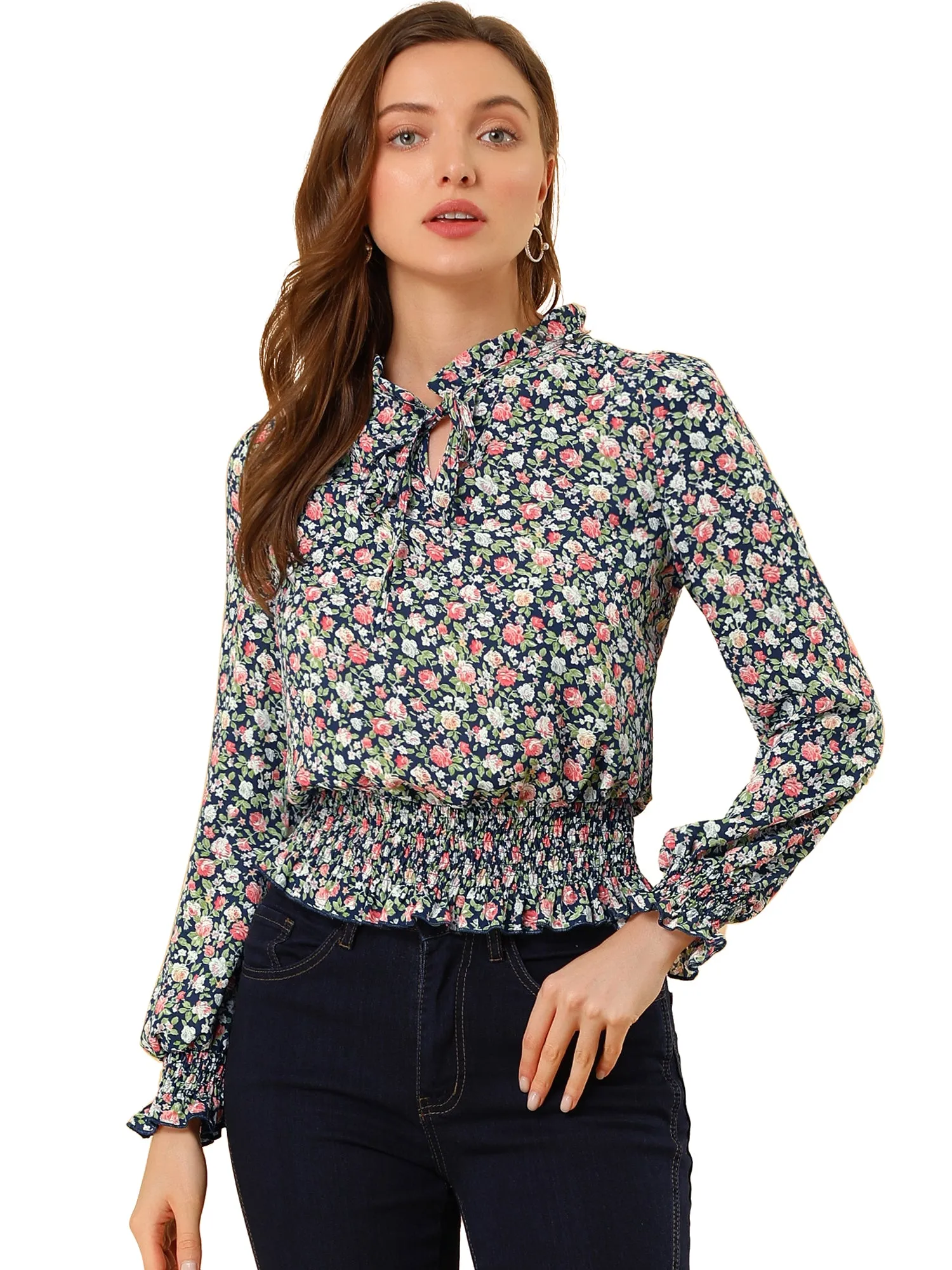 Ditsy Floral Blouse Ruffle Tie Neck Long Sleeve Peplum Smocked Tops