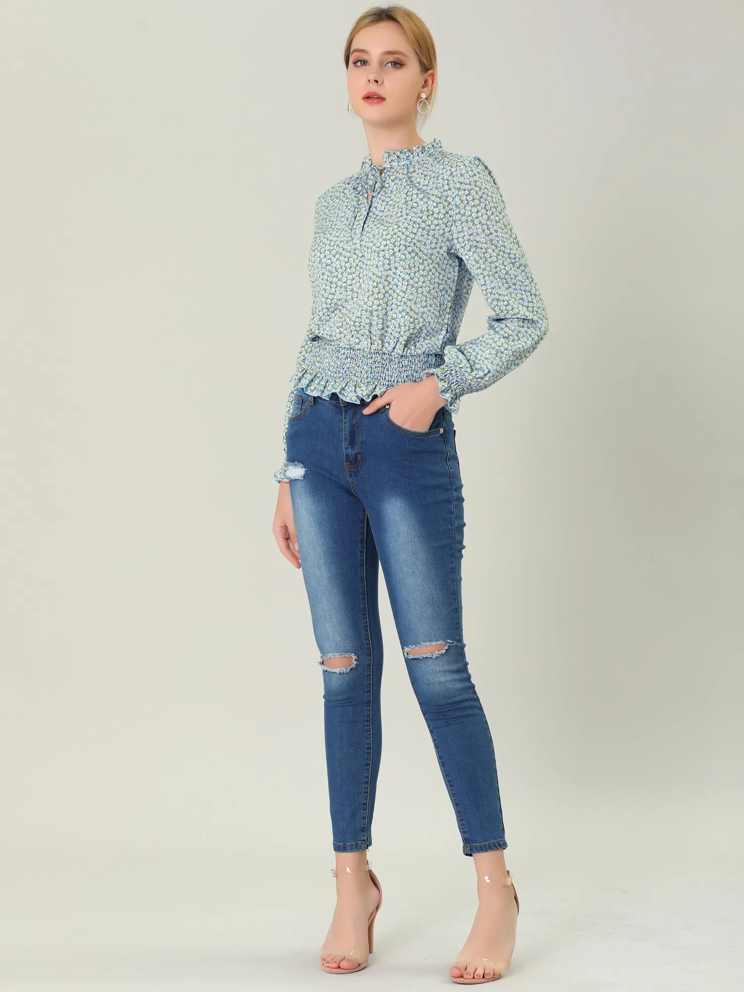 Ditsy Floral Blouse Ruffle Tie Neck Long Sleeve Peplum Smocked Tops