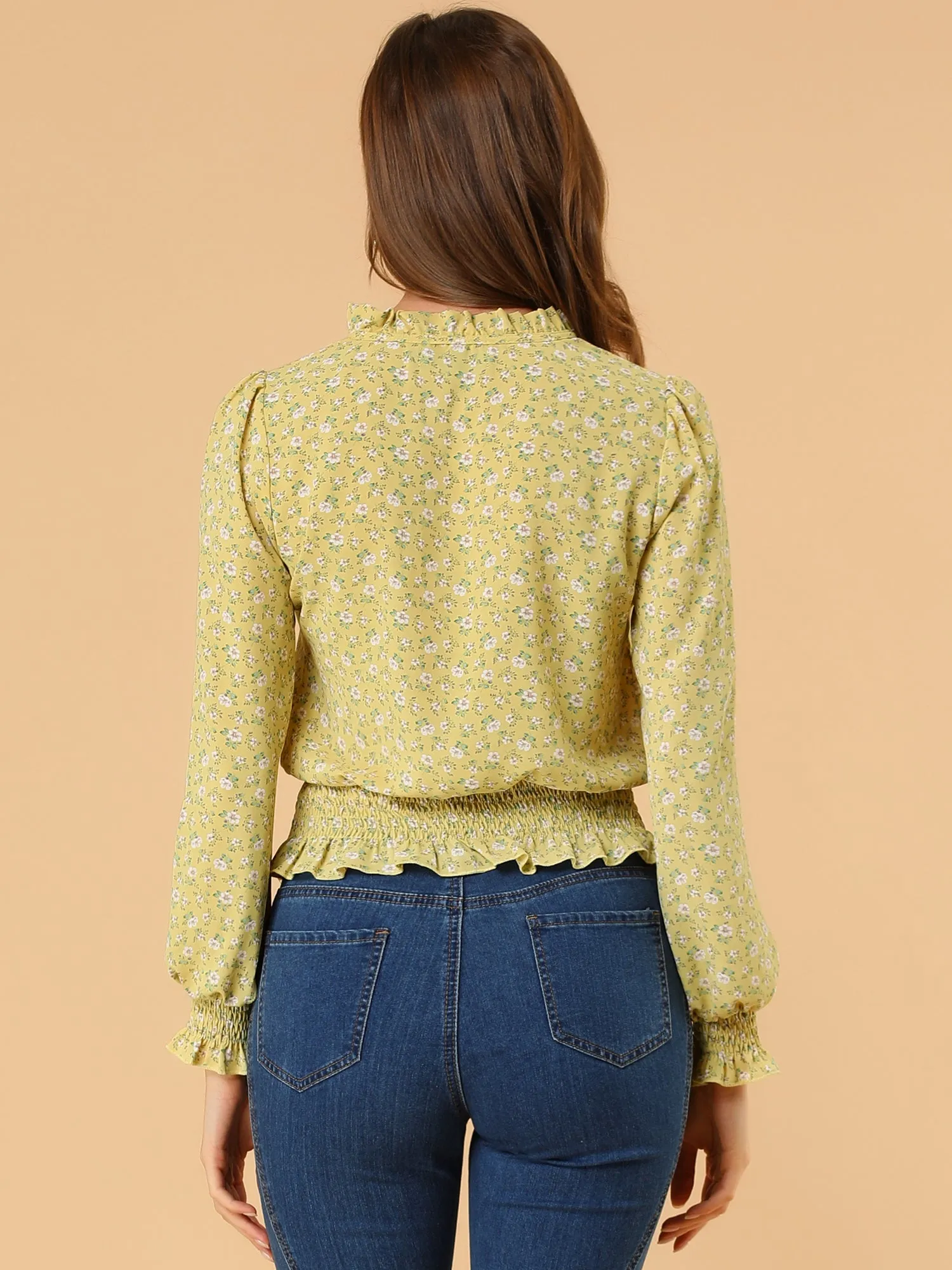 Ditsy Floral Blouse Ruffle Tie Neck Long Sleeve Peplum Smocked Tops