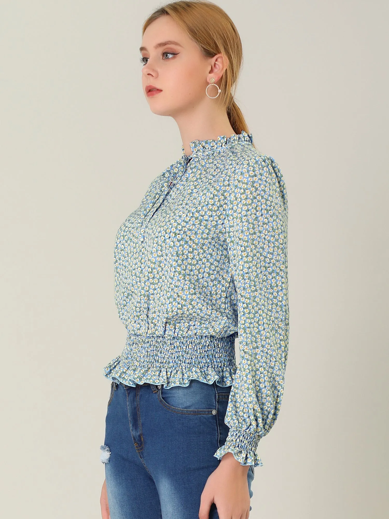 Ditsy Floral Blouse Ruffle Tie Neck Long Sleeve Peplum Smocked Tops