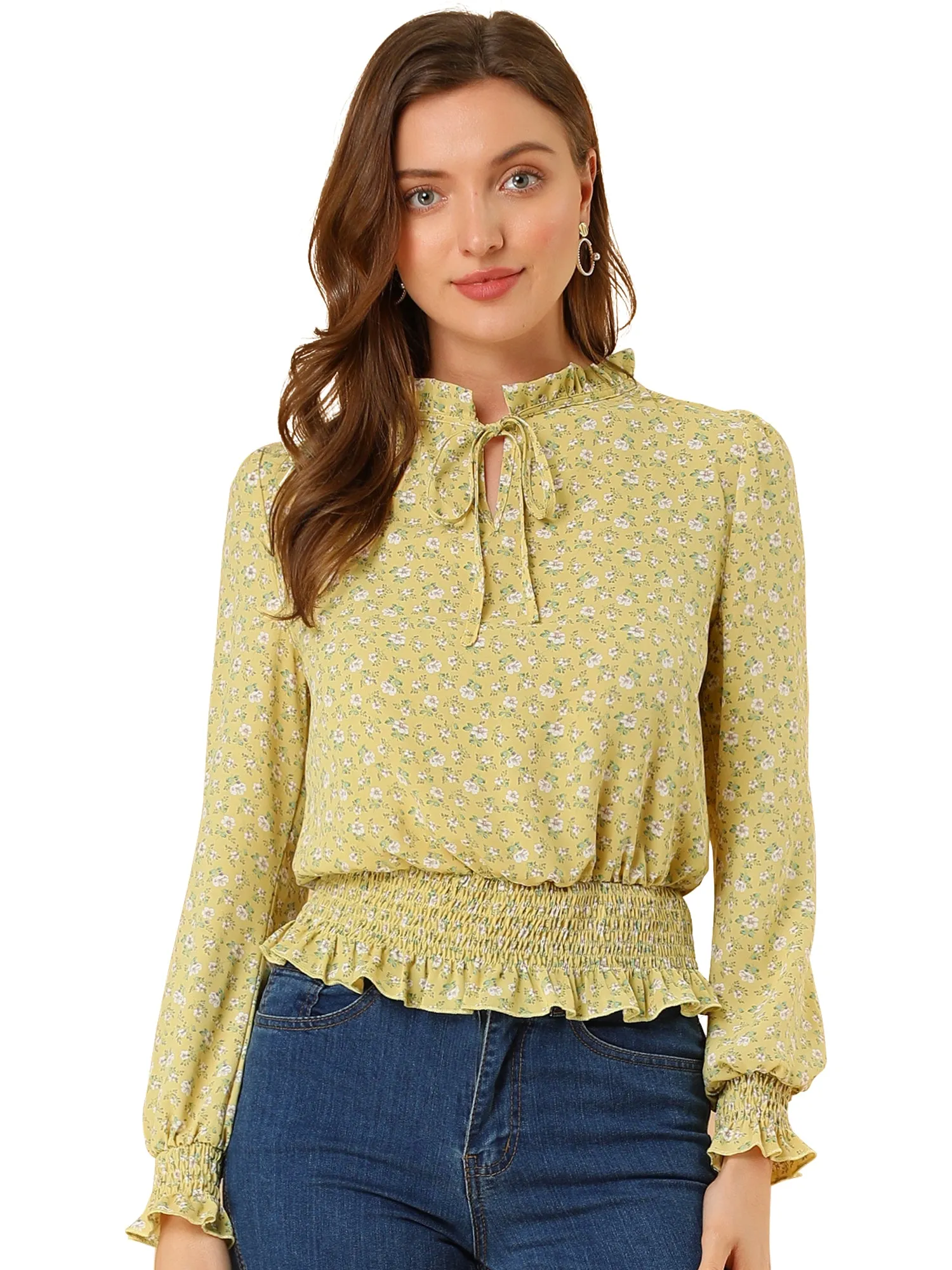 Ditsy Floral Blouse Ruffle Tie Neck Long Sleeve Peplum Smocked Tops